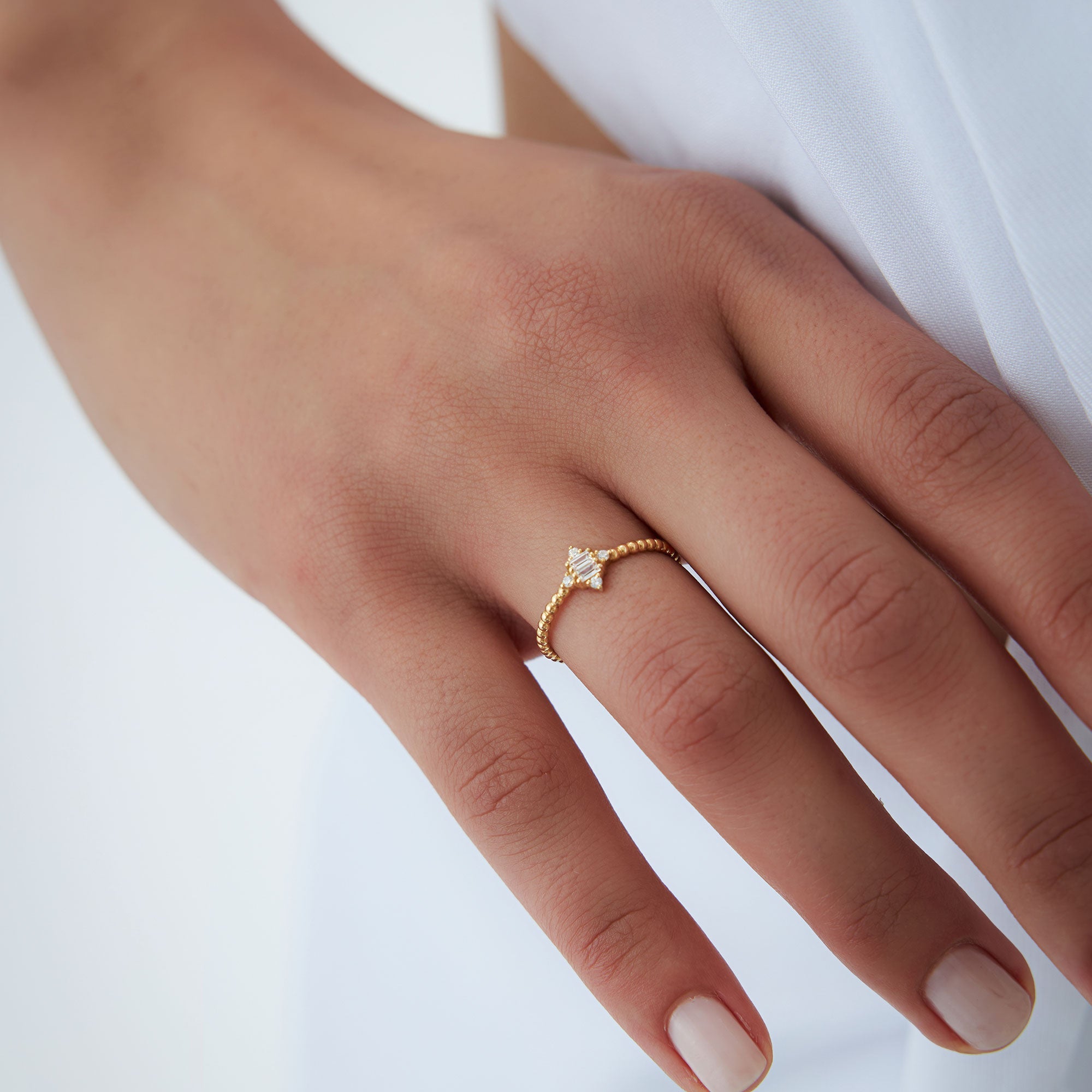 OBFJ1242 - 14k Beaded Baguette and Round Diamond Stacking Ring 4