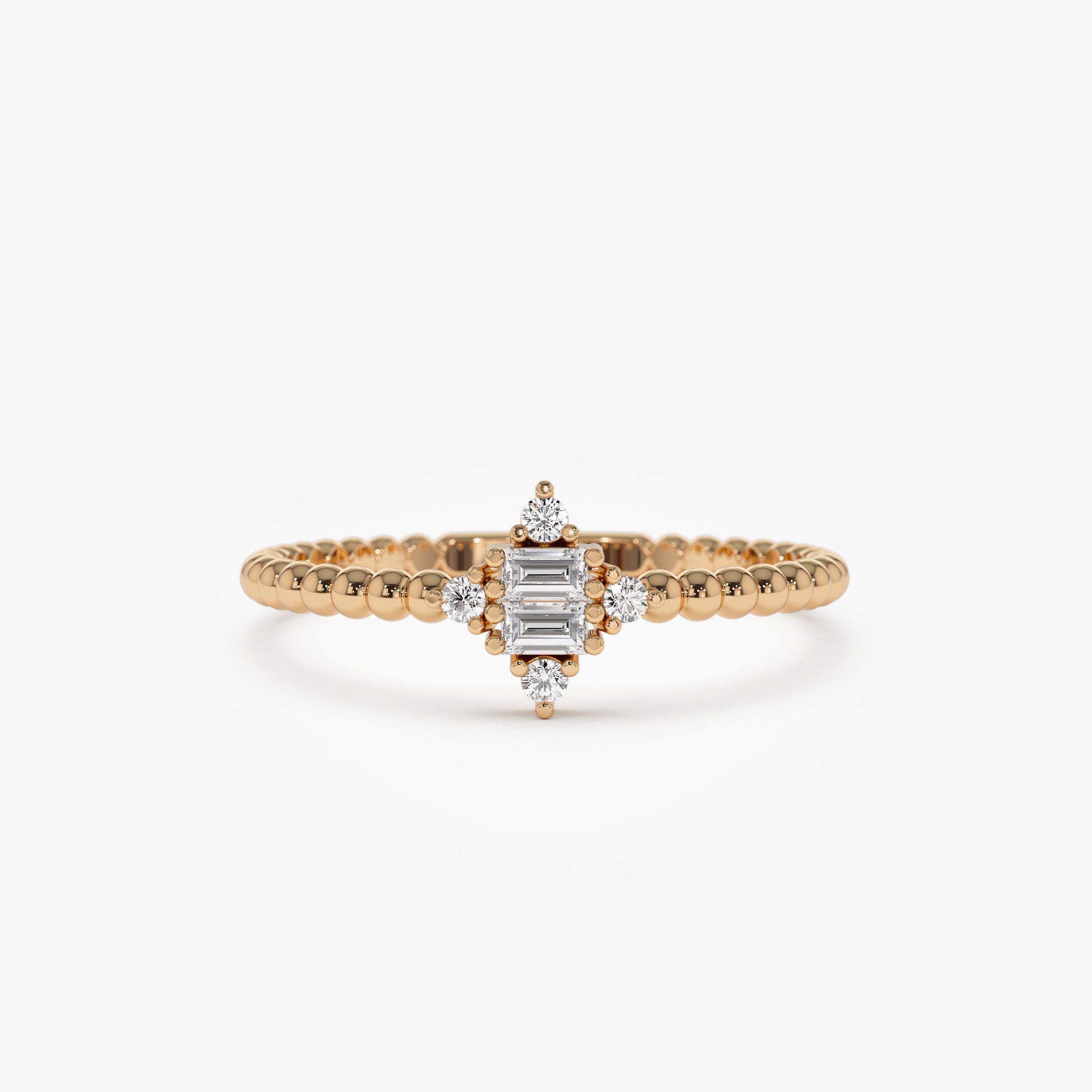 OBFJ1242 - 14k Beaded Baguette and Round Diamond Stacking Ring 5
