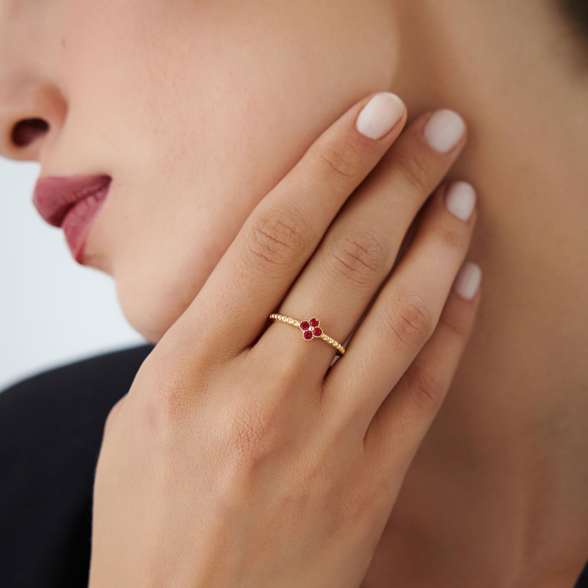 OBFJ1327 - 14k Ruby Clover Ring 2