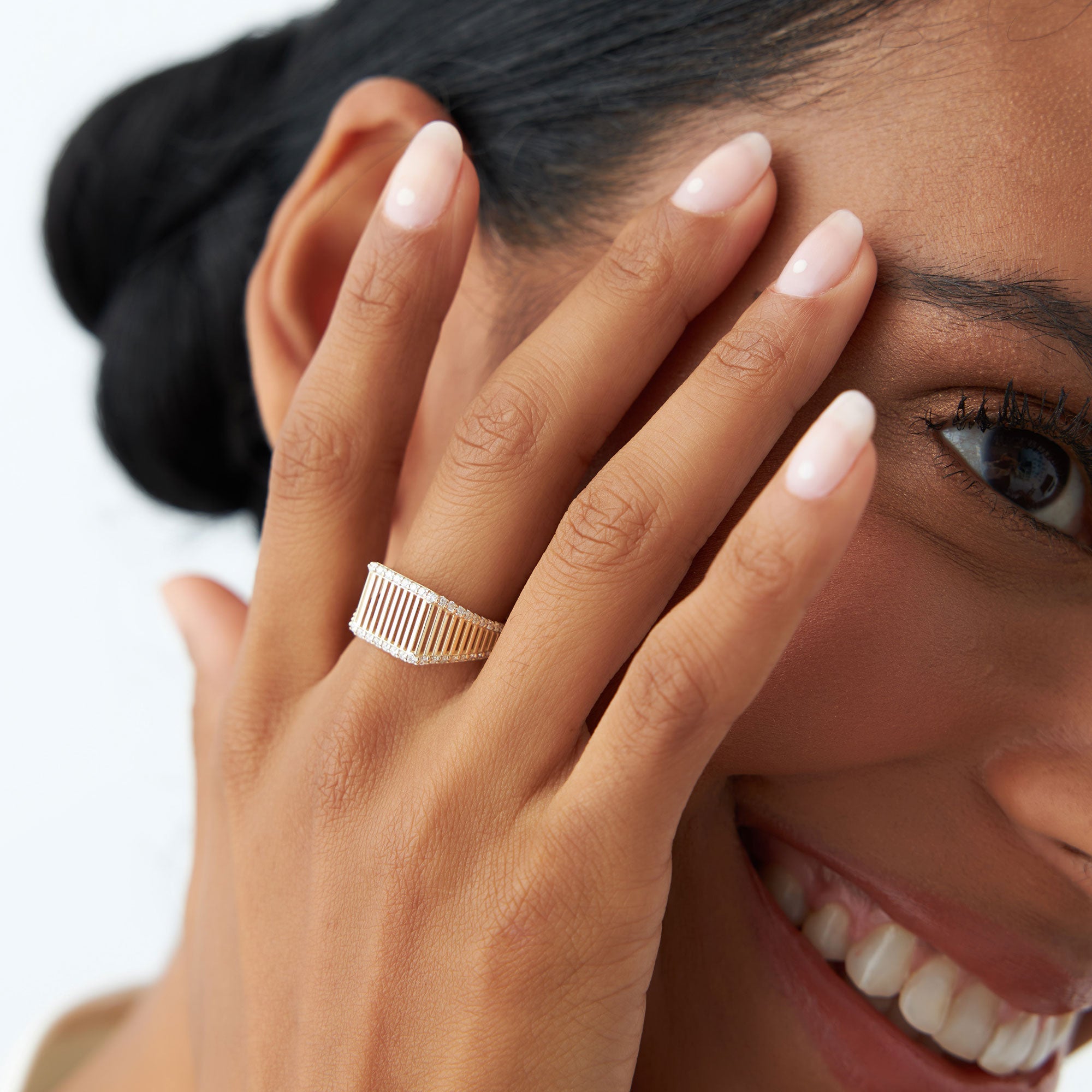 OBFJ1325 - 14k Ribbed Unique Design Diamond Signet Ring 2