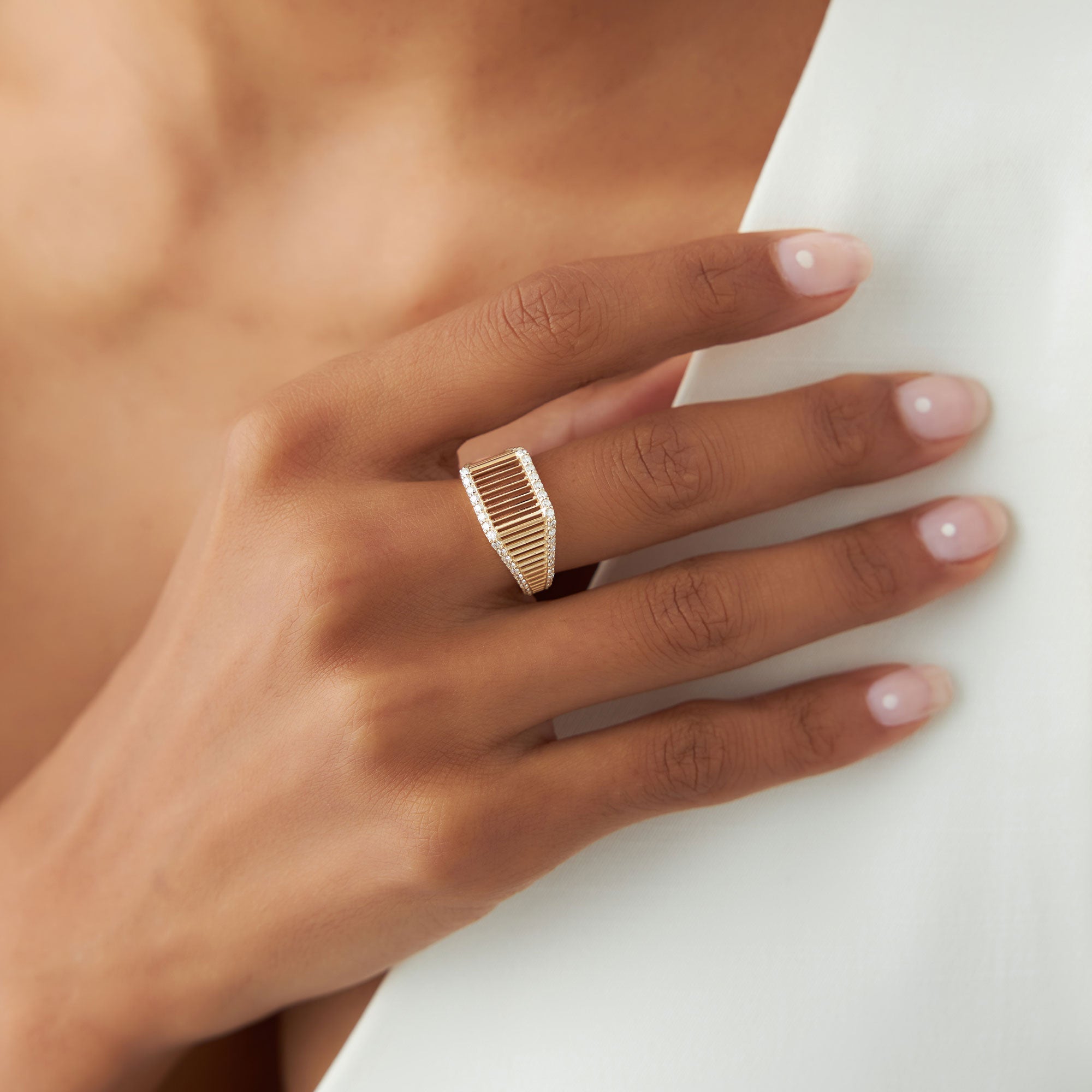 OBFJ1325 - 14k Ribbed Unique Design Diamond Signet Ring 3