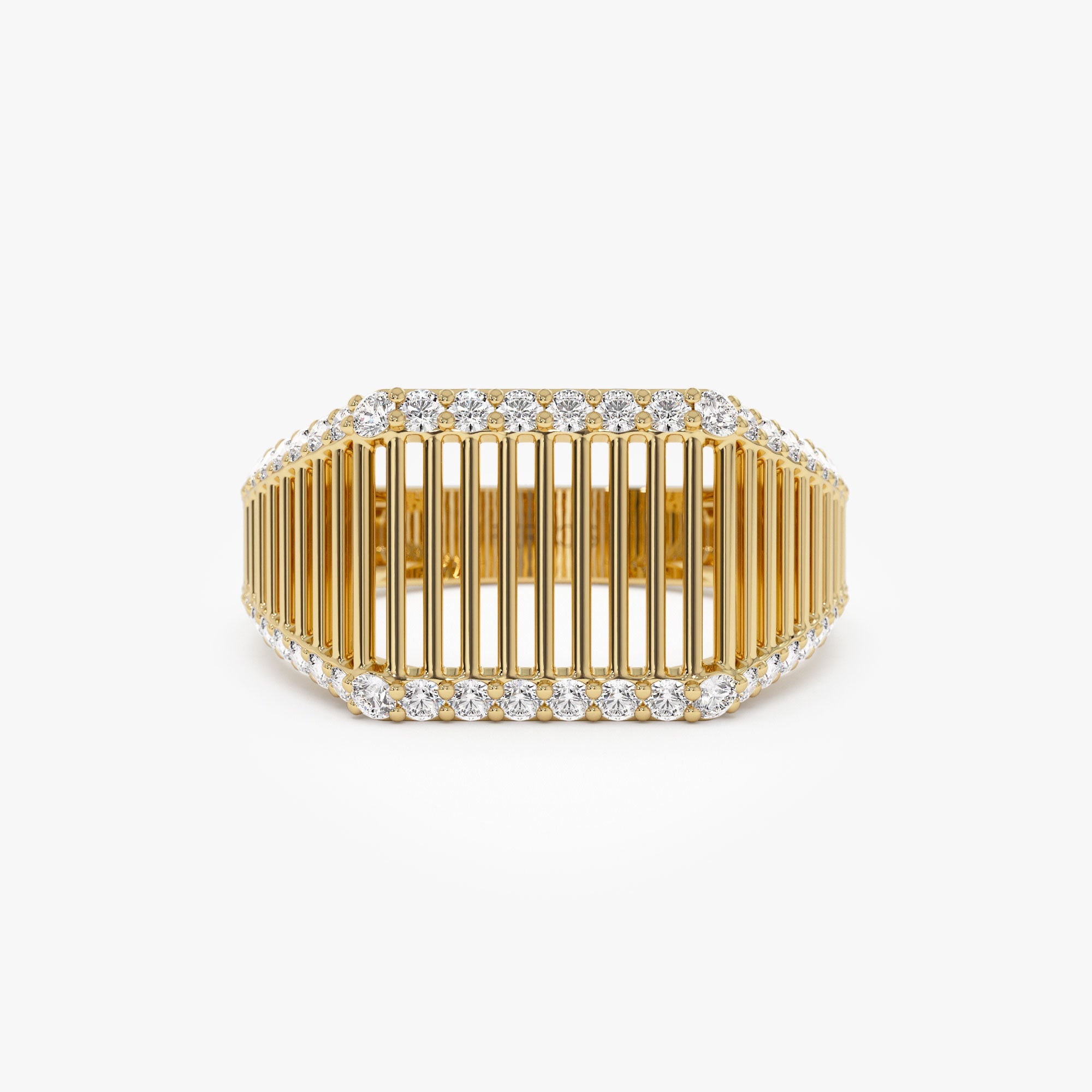 OBFJ1325 - 14k Ribbed Unique Design Diamond Signet Ring 1