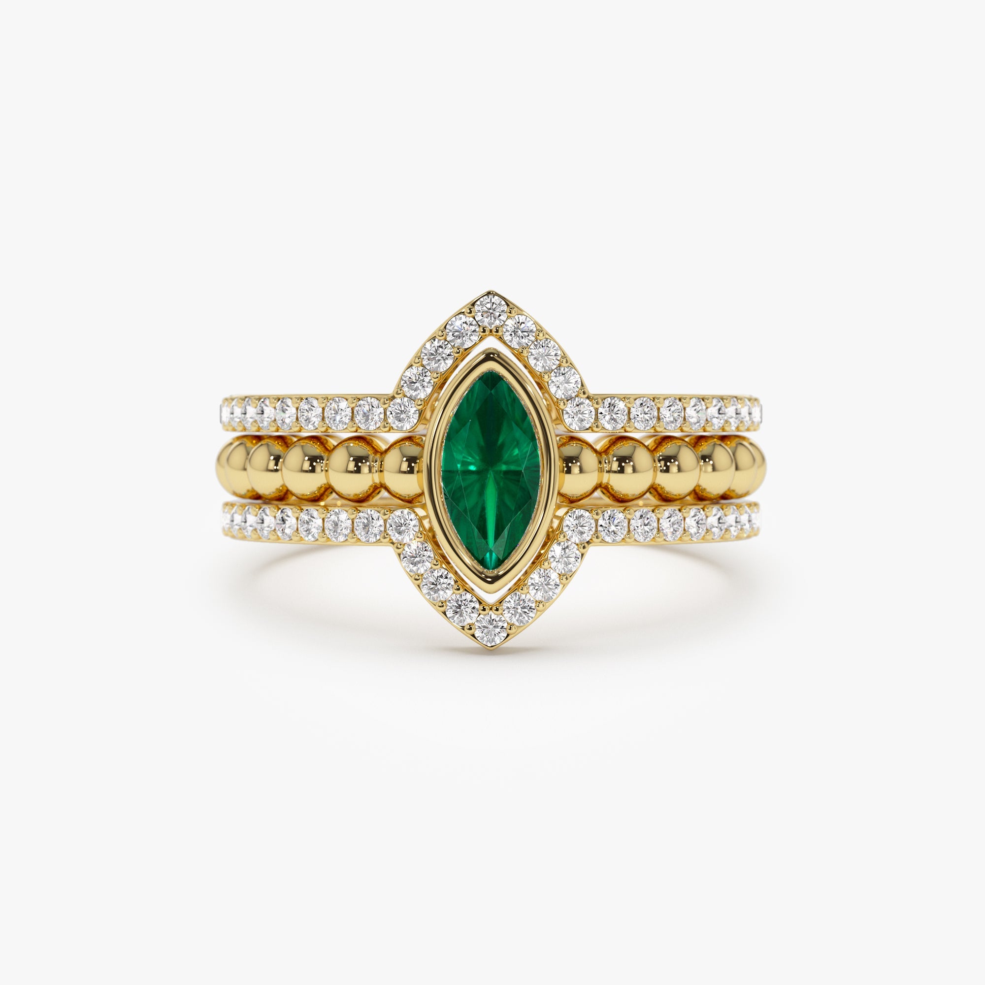 OBFJ1225 - 14k Marquise Shaped Emerald Ring with Nesting Diamond Bands 1