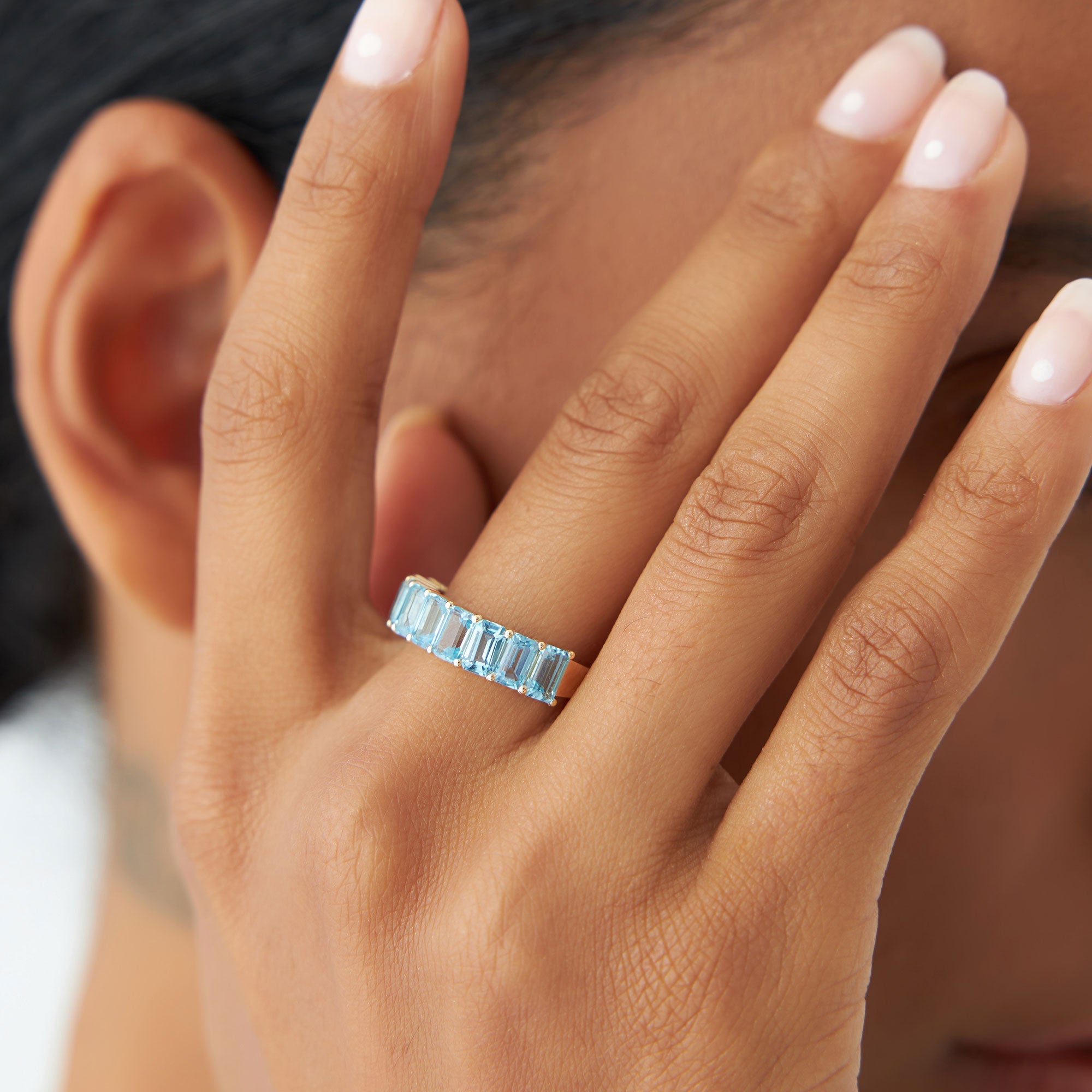 OBFJ1319 - 14k Emerald Cut Swiss Blue Topaz Nine Stone Ring 3.00ctw 5