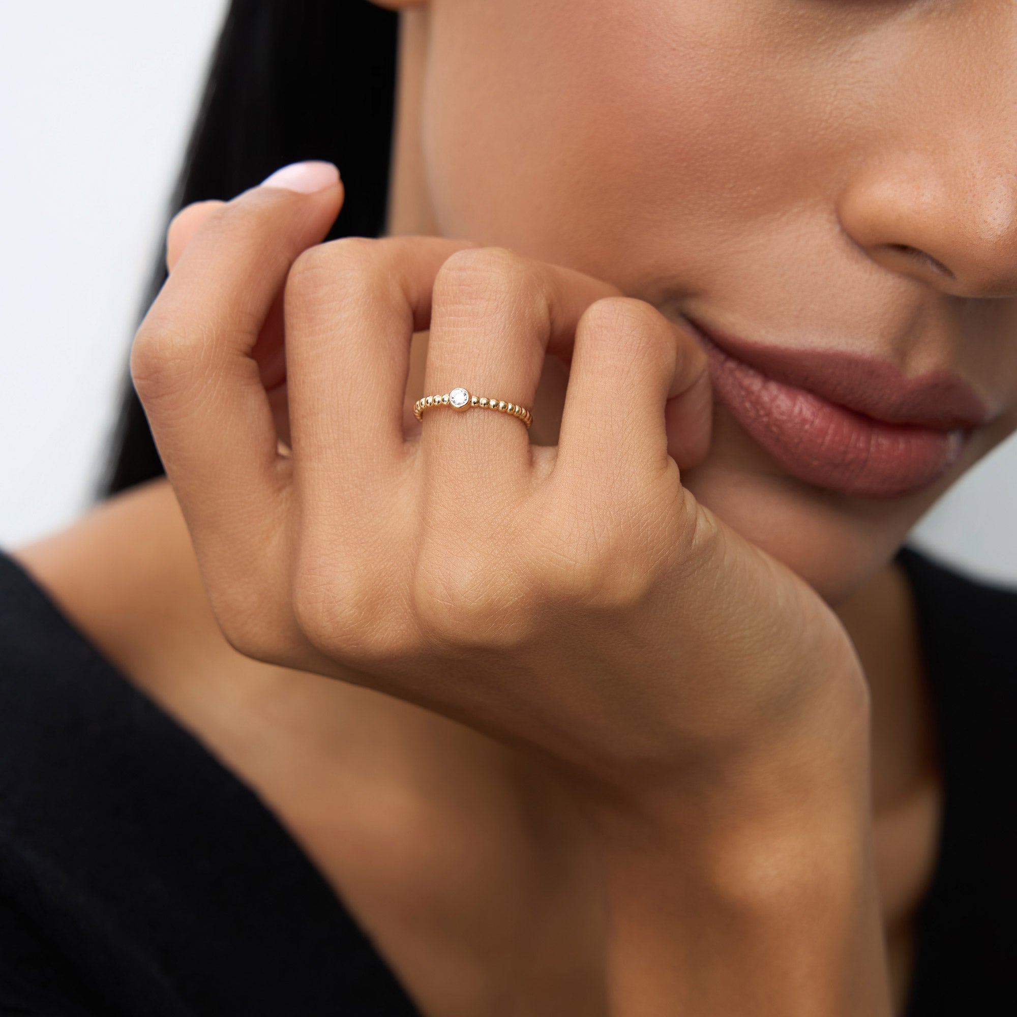 OBFJ0948 - 14K Gold Beaded Solitaire Diamond Bezel Ring 2