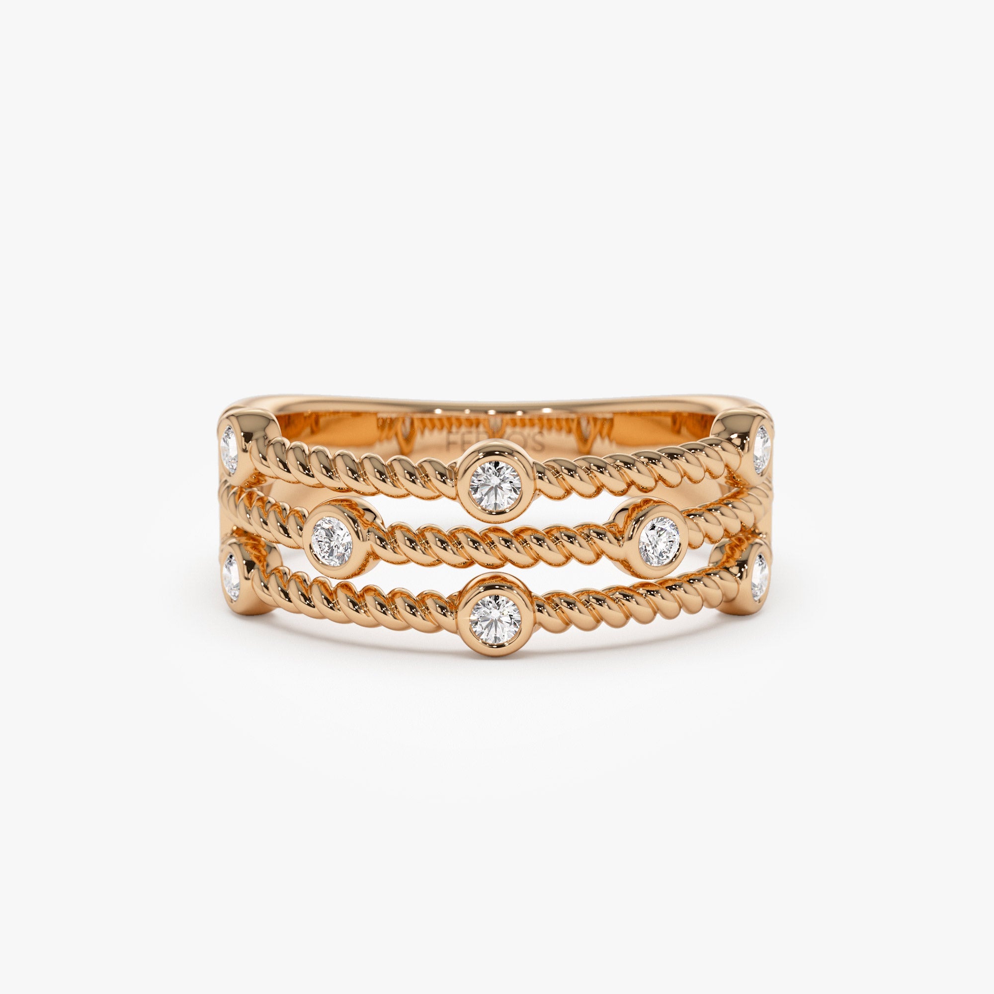 OBFJ0951 - 14K Gold Twisted Rope Triple Diamond Ring 10