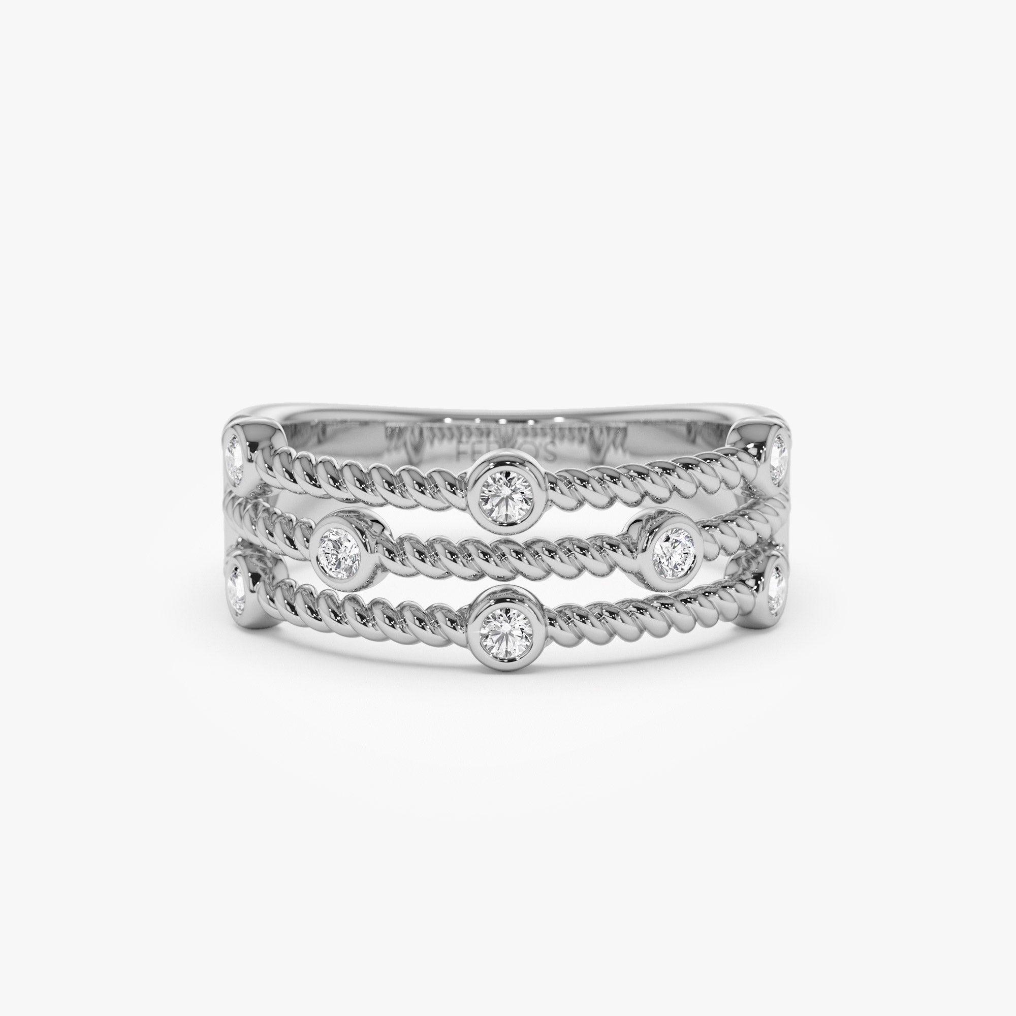 OBFJ0951 - 14K Gold Twisted Rope Triple Diamond Ring 11