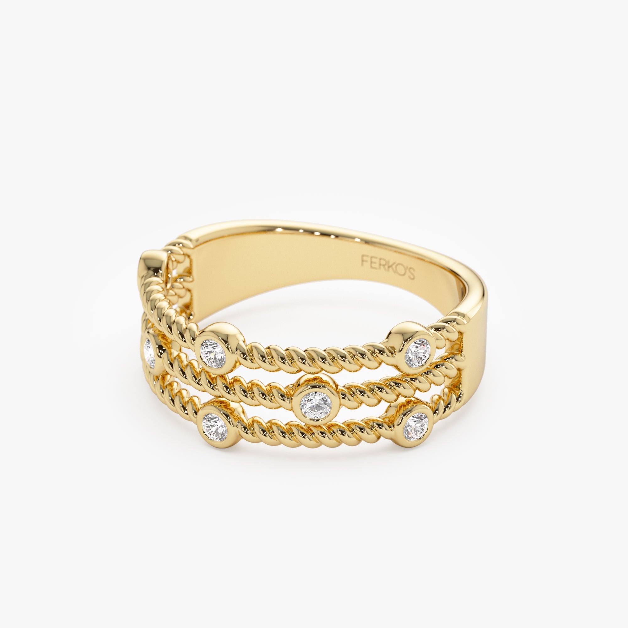OBFJ0951 - 14K Gold Twisted Rope Triple Diamond Ring 12