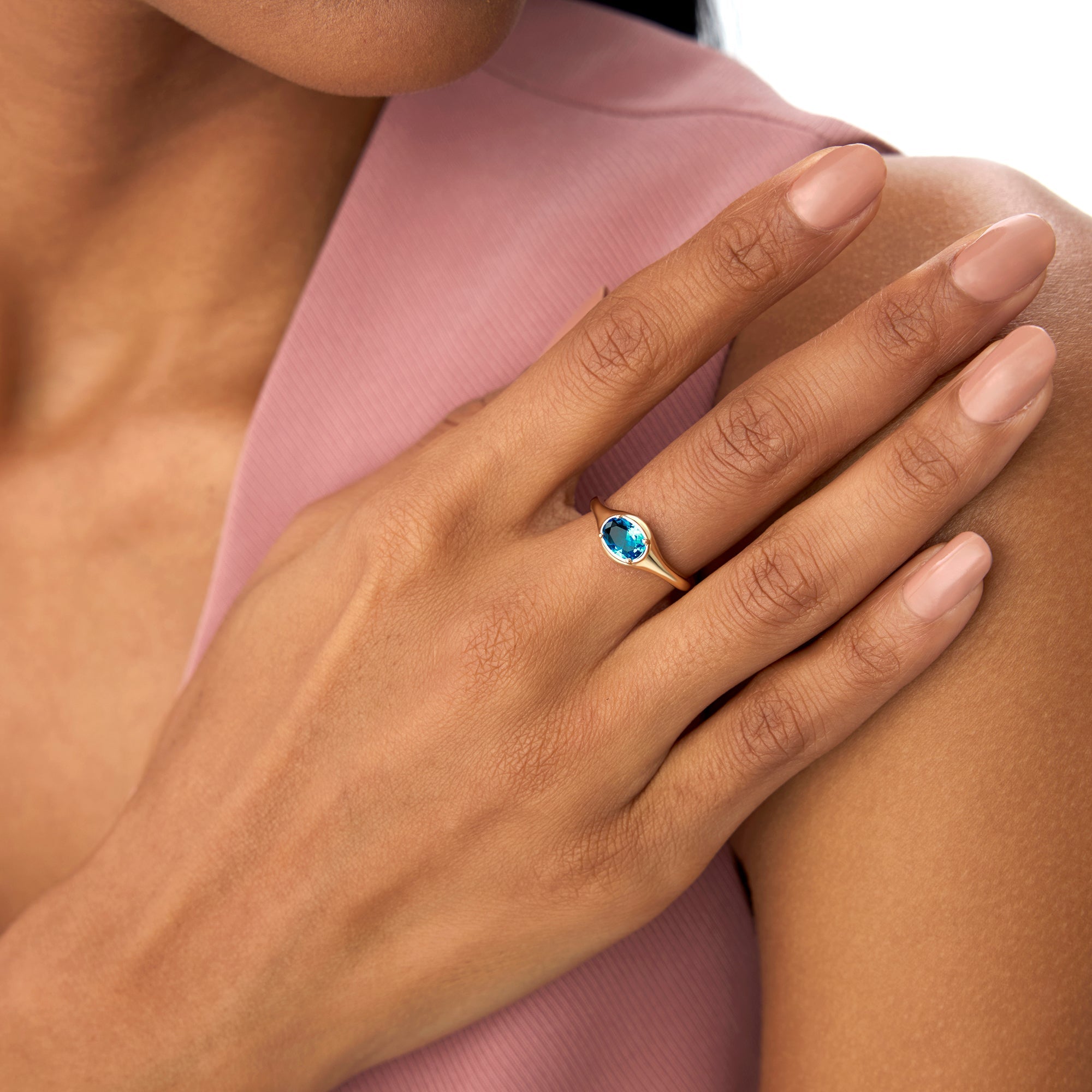 OBFJ0785 - 14K Oval Shape Prong Setting London Blue Topaz Ring 4