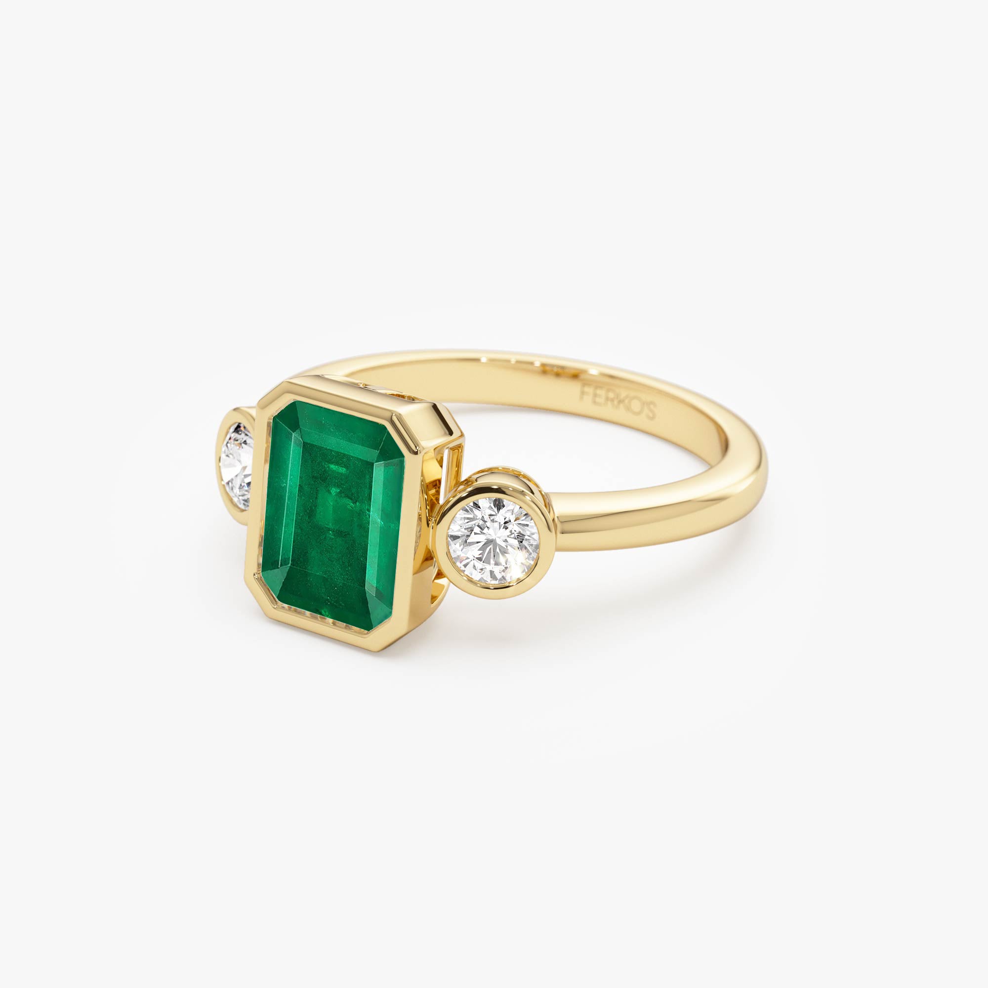 OBFJ0659 - 14k Emerald Bezel Set Three Stone Ring 8