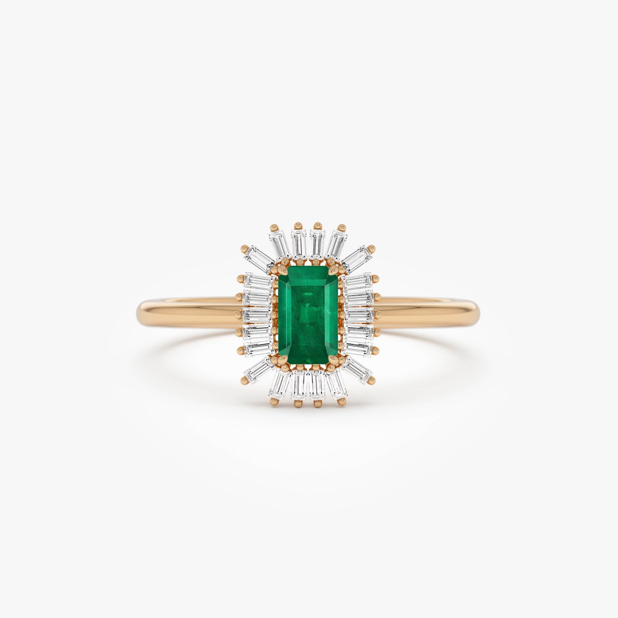 OBFJ0646 - 14k Emerald Cut Emerald Ring with Baguette Diamond Halo 7