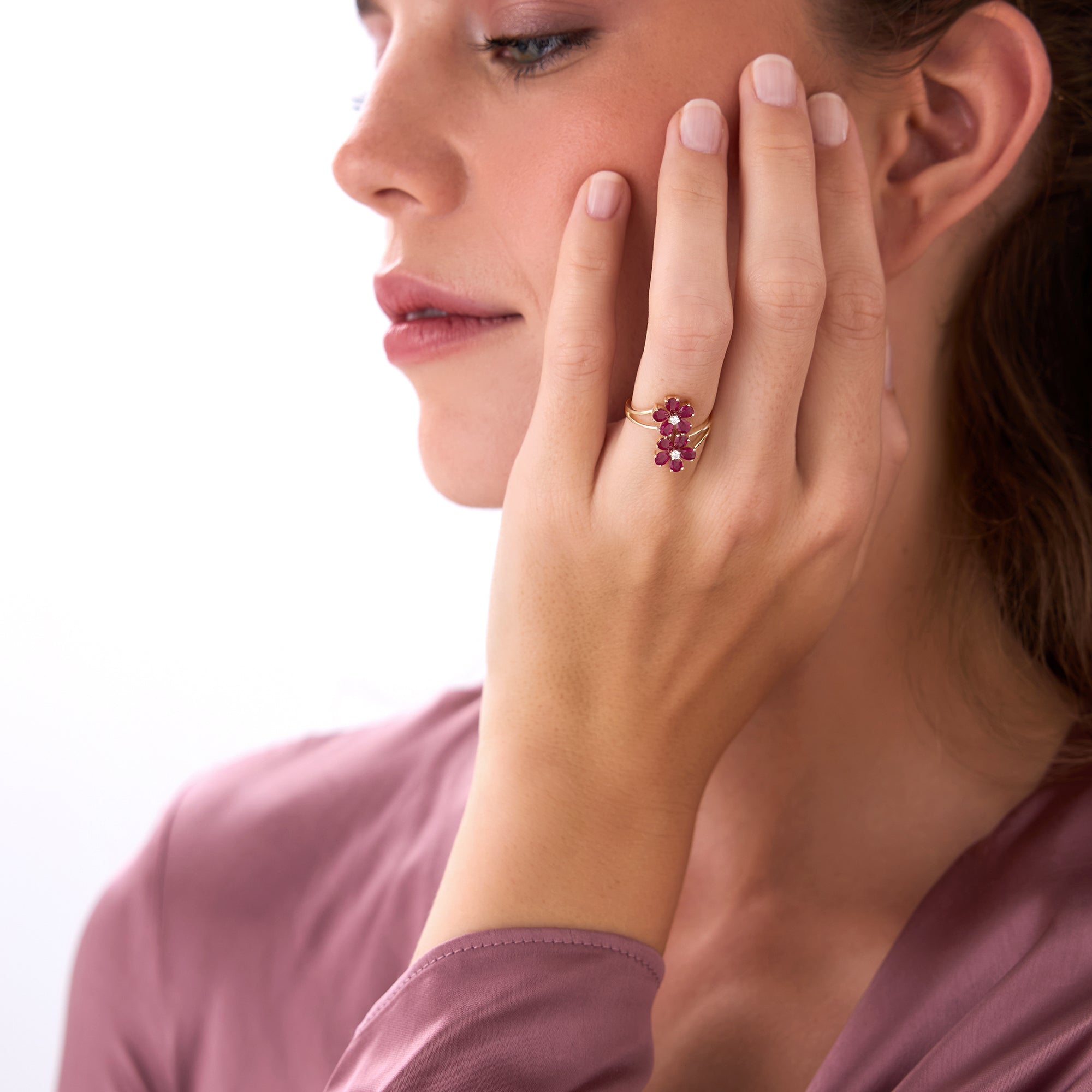 OBFJ0688 - 14k Ruby Flower Diamond Accent Ring 3