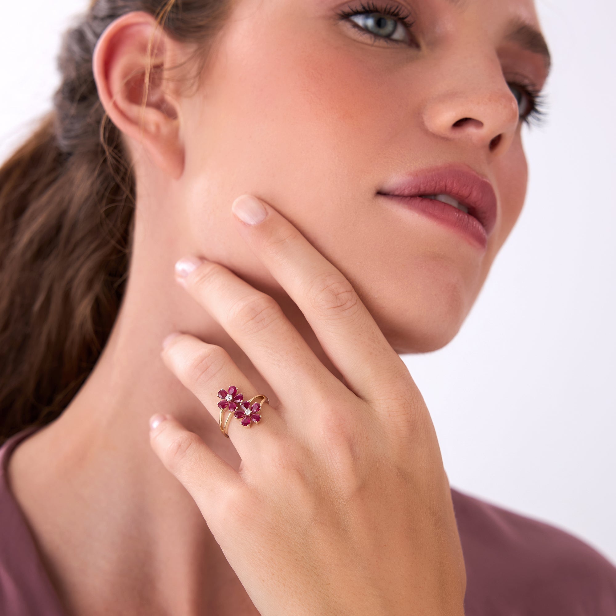 OBFJ0688 - 14k Ruby Flower Diamond Accent Ring 4