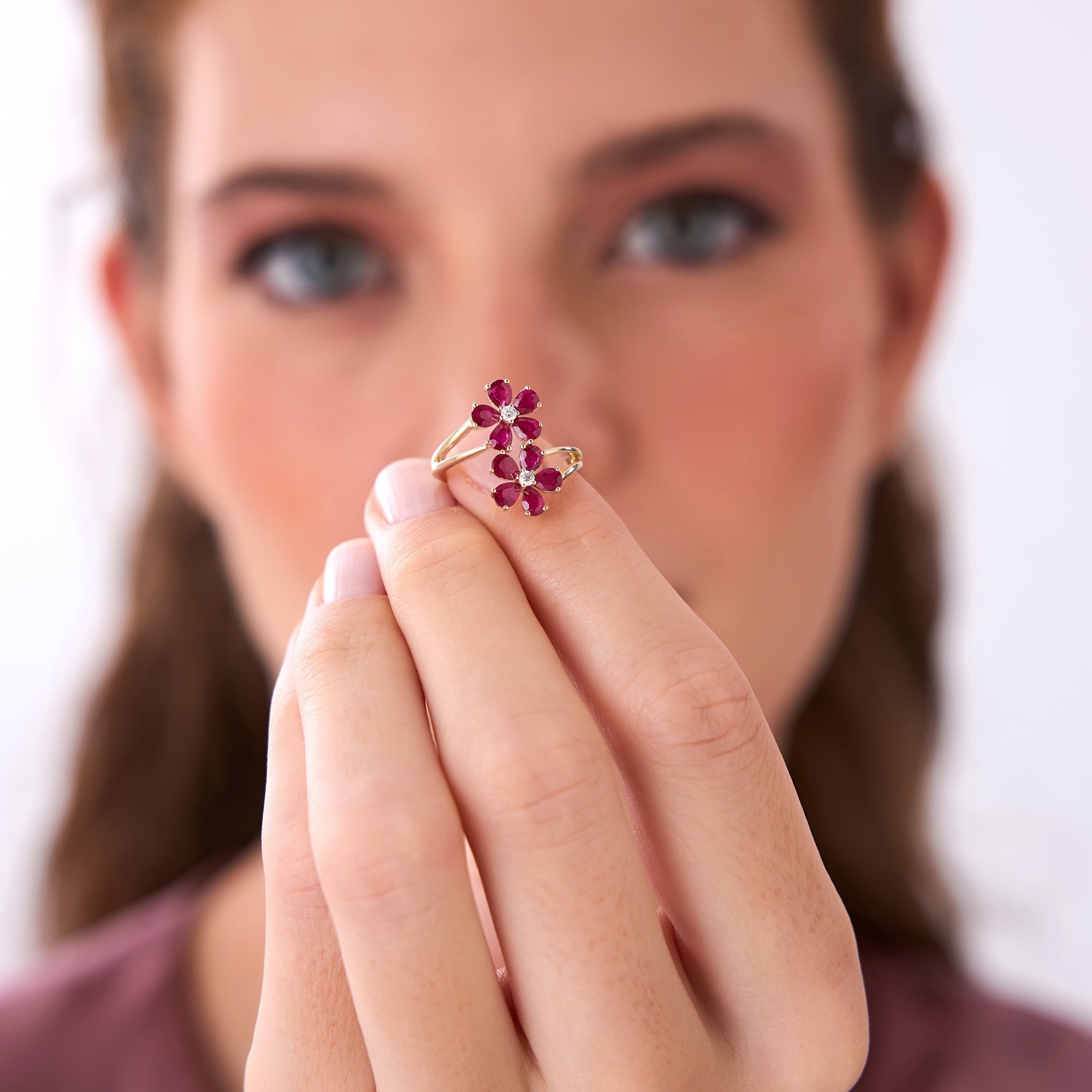 OBFJ0688 - 14k Ruby Flower Diamond Accent Ring 2