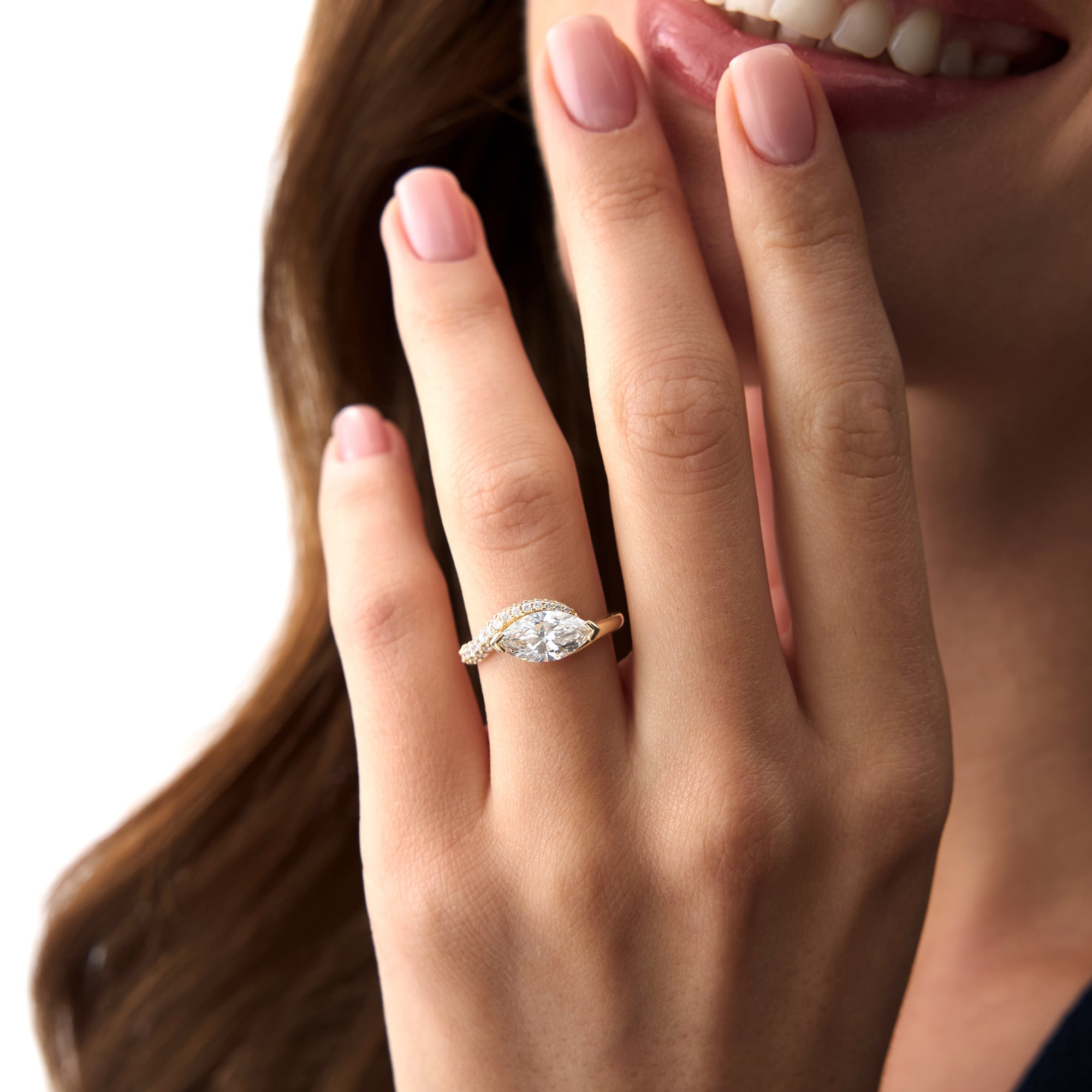 OBFJ0028 - 1.55 Ctw Lab Grown Marquise Shaped Curved Pavé Band Engagement Ring - Livia - 14k Gold 7