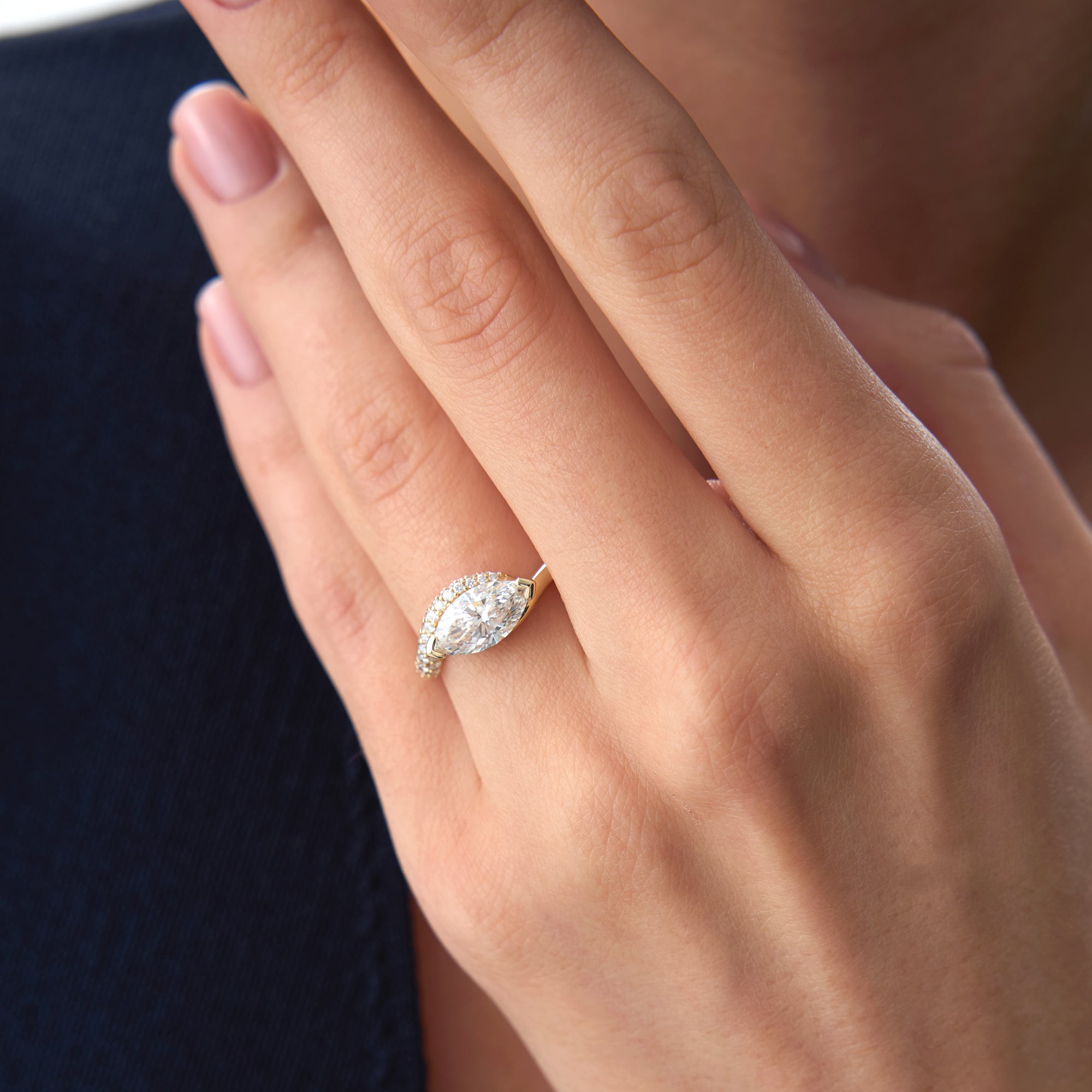OBFJ0028 - 1.55 Ctw Lab Grown Marquise Shaped Curved Pavé Band Engagement Ring - Livia - 14k Gold 2