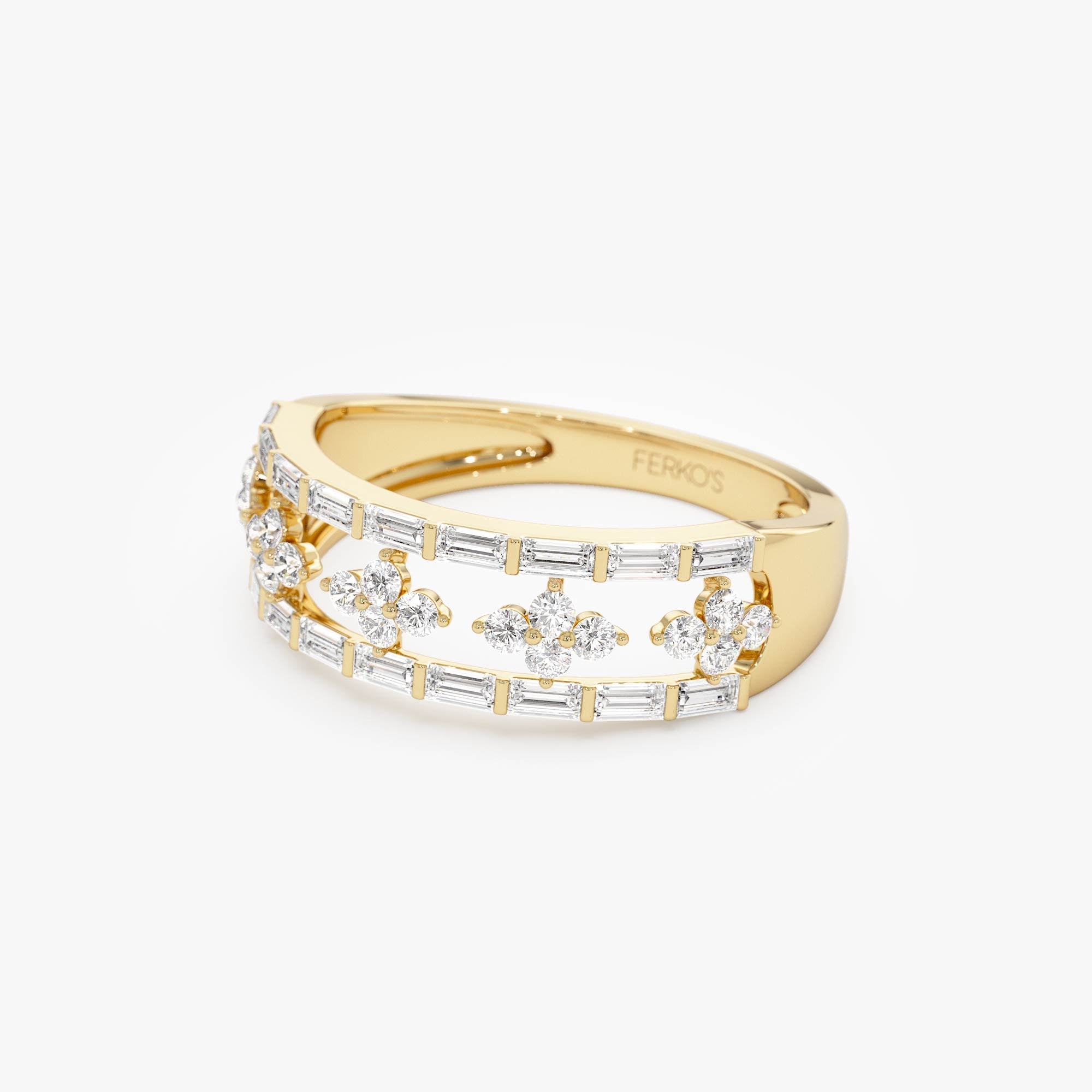 OBFJ0006 - Wide Band Ring with Baguette and Round Diamond Cluster Accents - 14k Gold 6