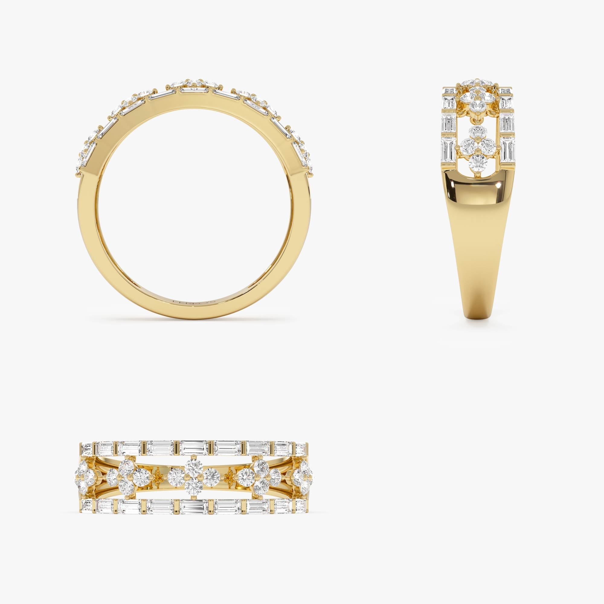 OBFJ0006 - Wide Band Ring with Baguette and Round Diamond Cluster Accents - 14k Gold 7