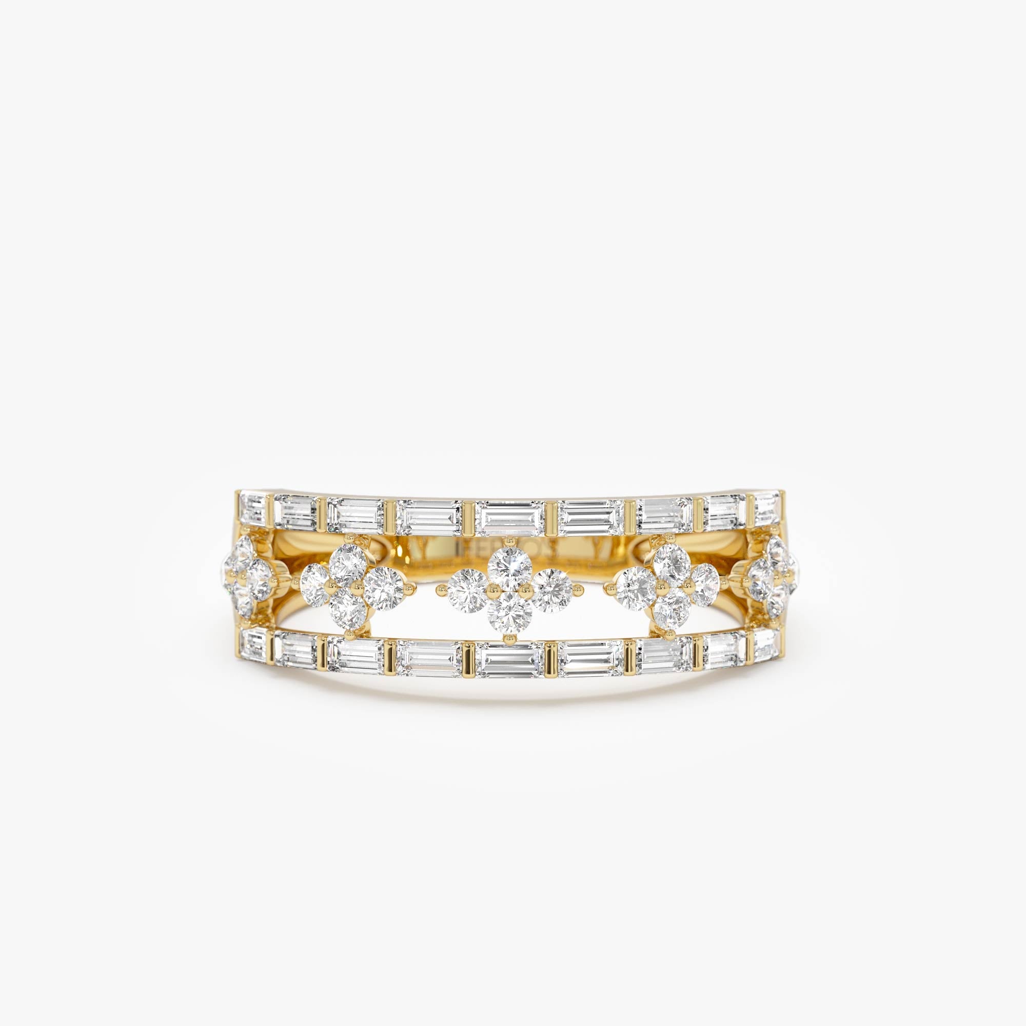 OBFJ0560 - 14k Wide Band Ring with Baguette and Round Diamond Cluster Accents 1