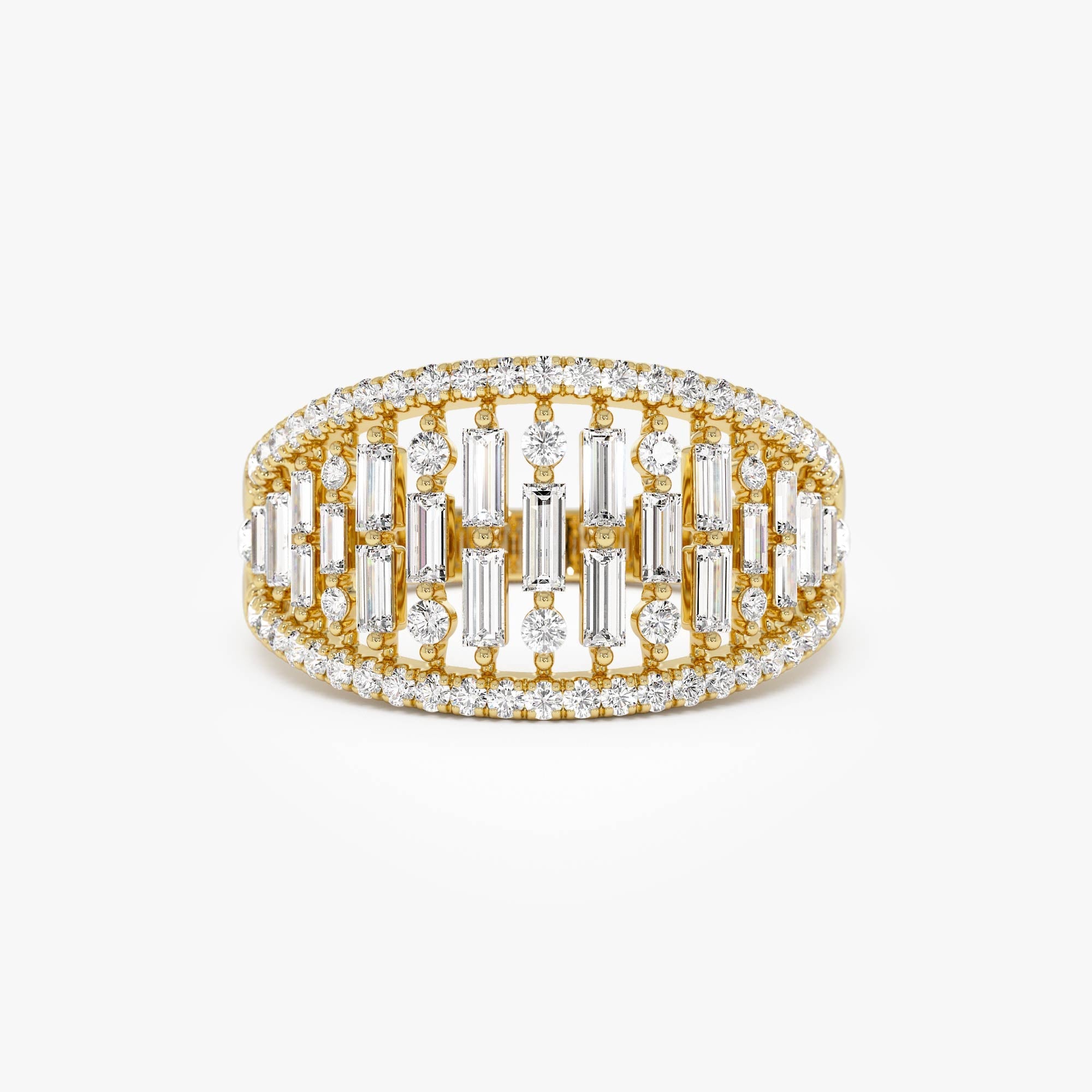 OBFJ0626 - 14k Gold Multi Row Baguette Diamond Statement Ring 1