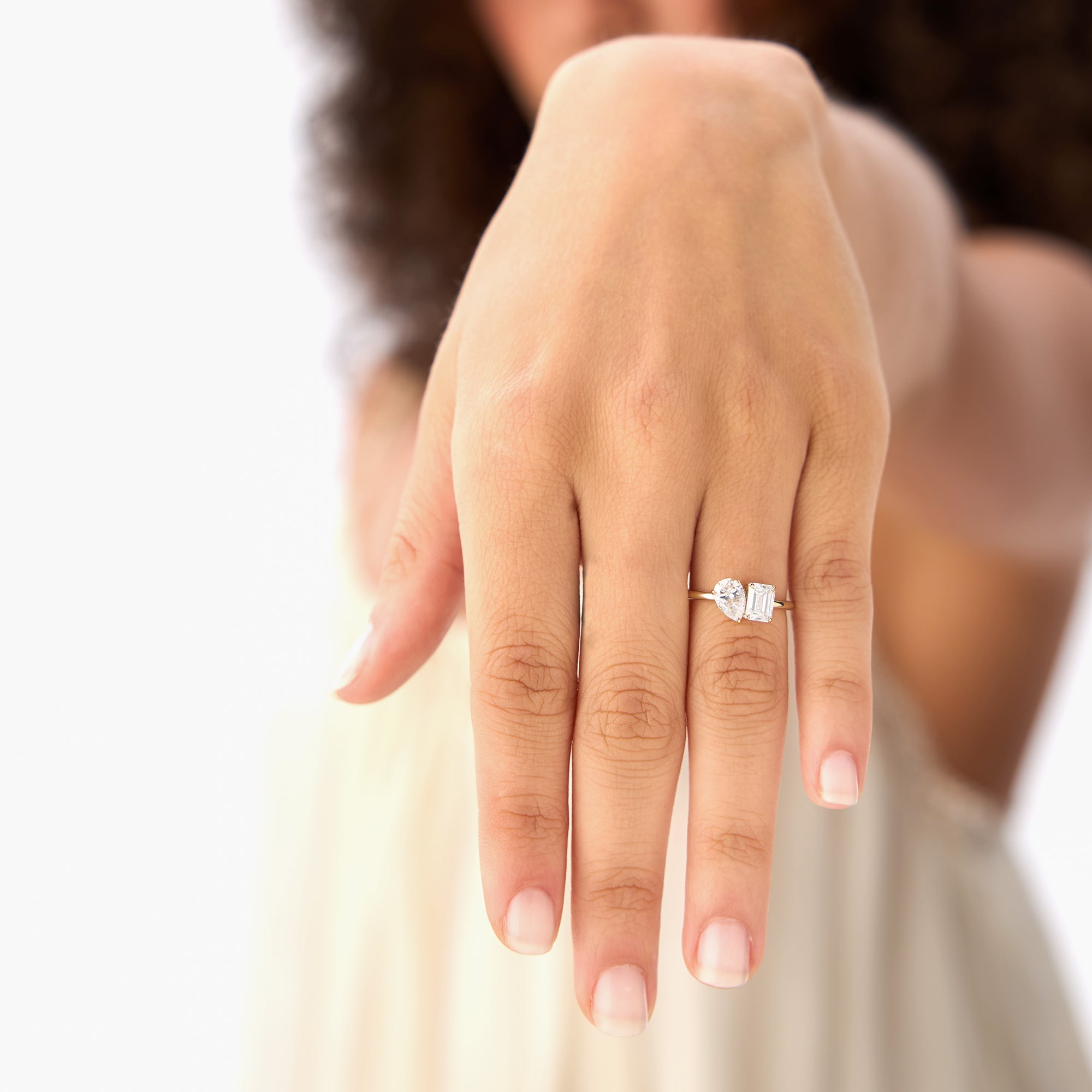 OBFJ0558 - 1.50 Ctw 14k Emerald Cut and Pear Shaped Lab Grown Diamond Toi Et Moi Ring - Amabel 7