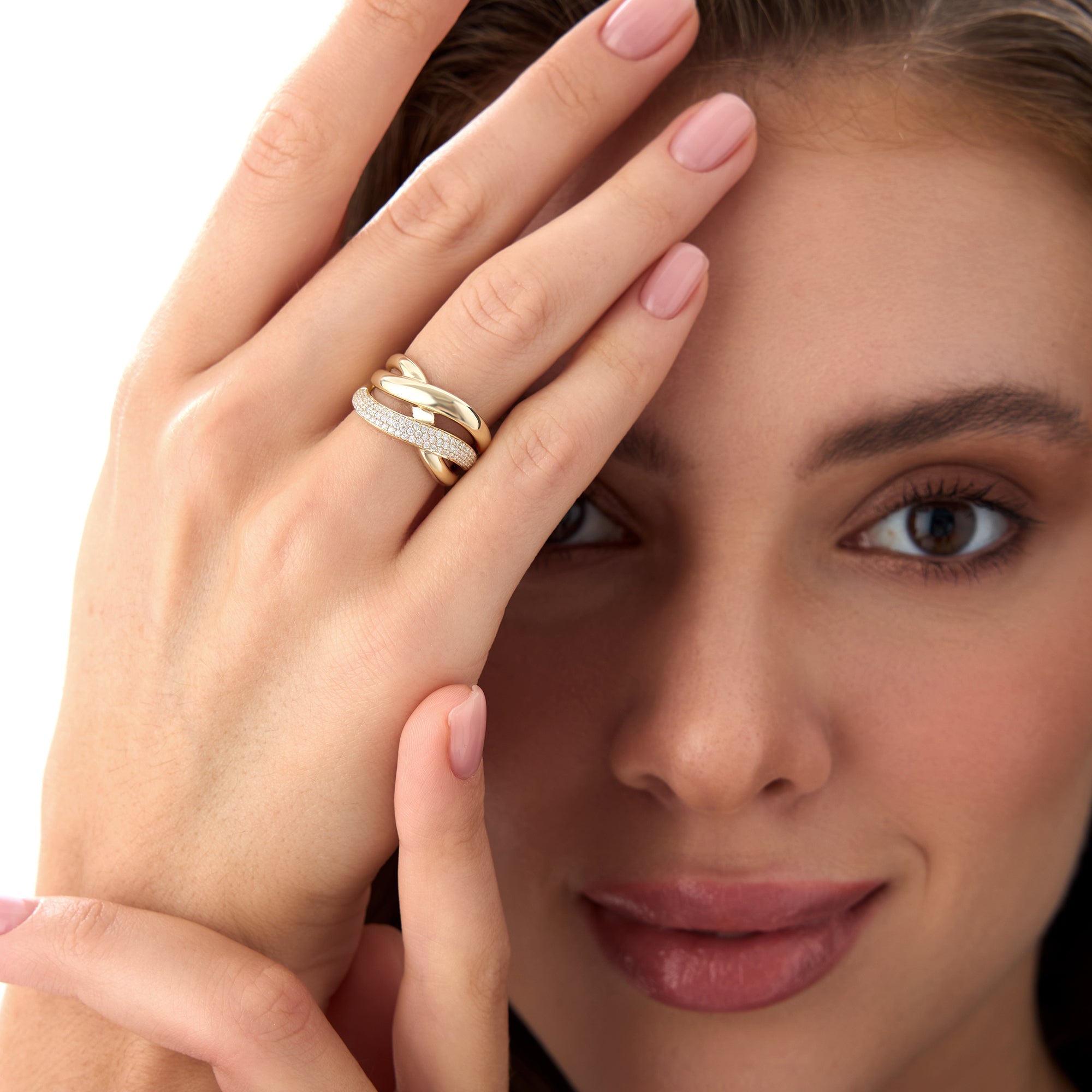 OBFJ0501 - 14k Gold Triple Band Crossover Diamond Statement Ring 5