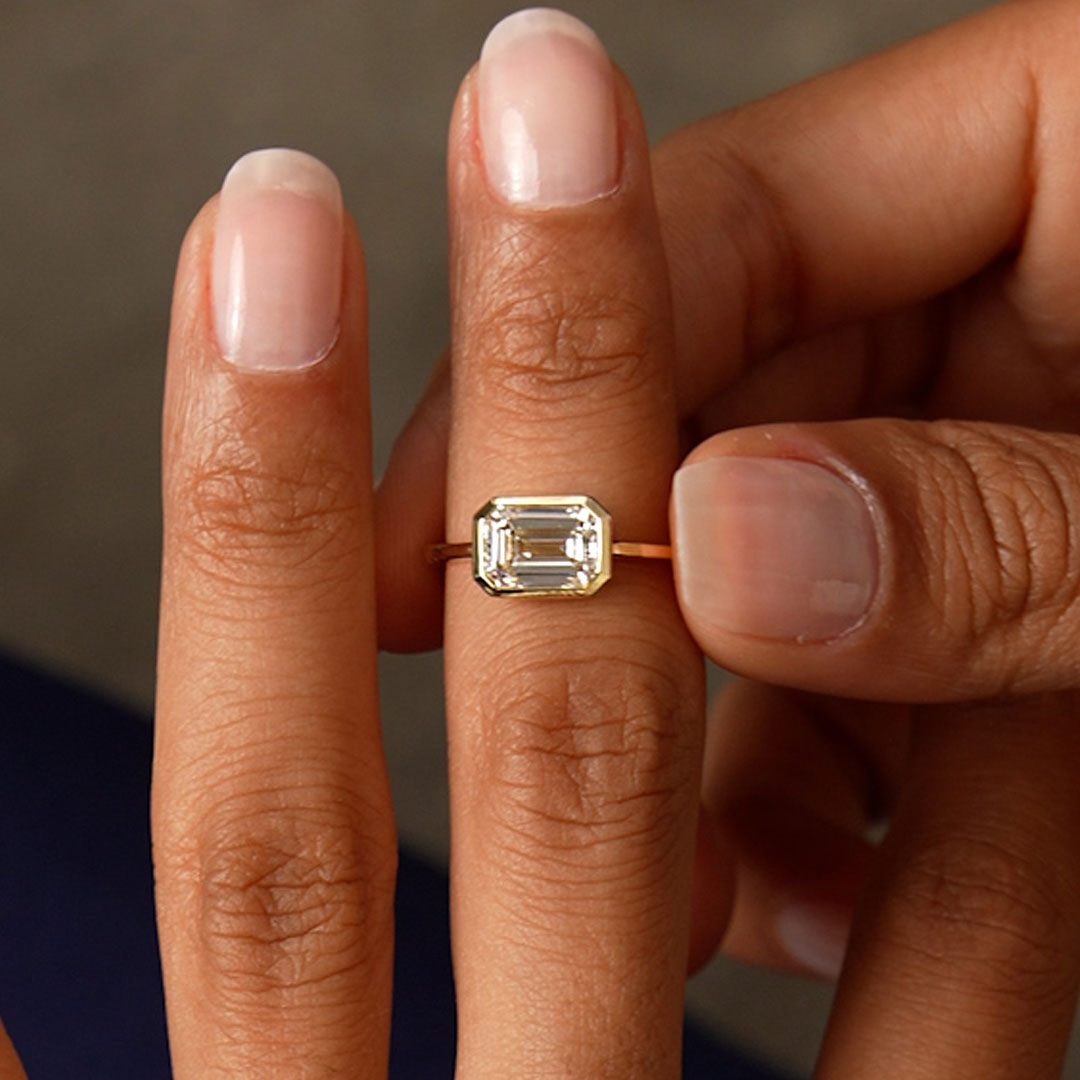 OBFJ0592 - 1.50 Ctw East West Emerald Cut Lab Grown Bezel Setting Modern Engagement Ring - Dahlia 3