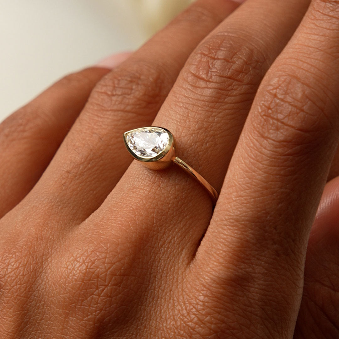 OBFJ0591 - 1.50 Ctw East West Pear Shaped Lab Grown Bezel Setting Modern Engagement Ring, Mirabel 5
