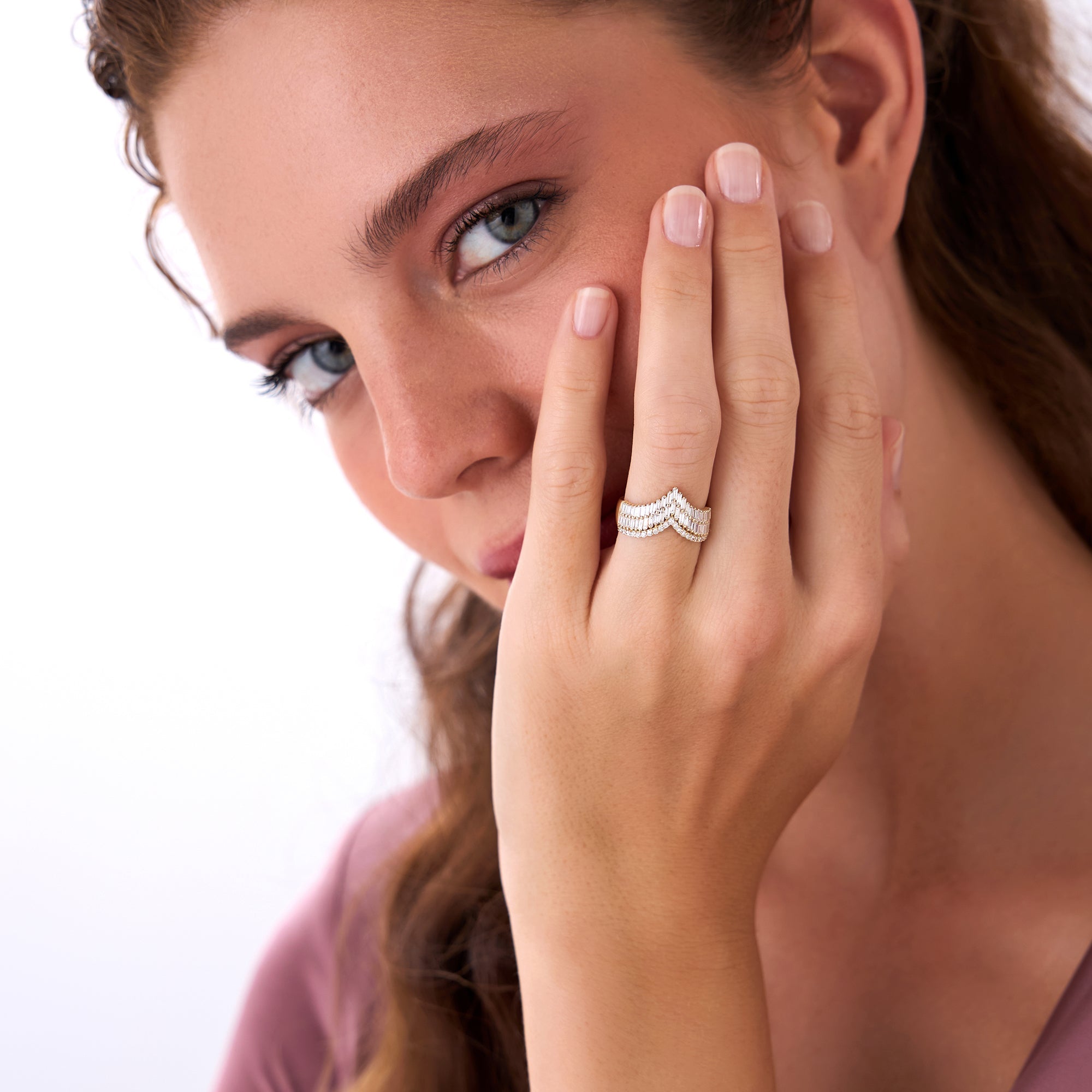 OBFJ0023 - Baguette and Round Diamond Chevron Statement Ring - 14k Gold 6