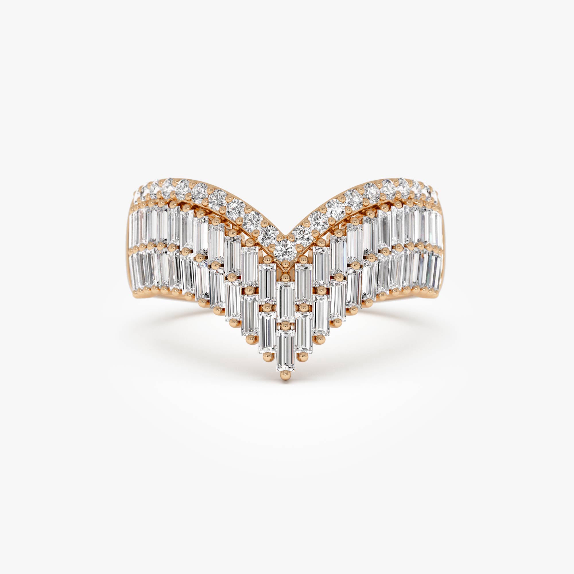 OBFJ0619 - 14k Baguette and Round Diamond Chevron Statement Ring 7