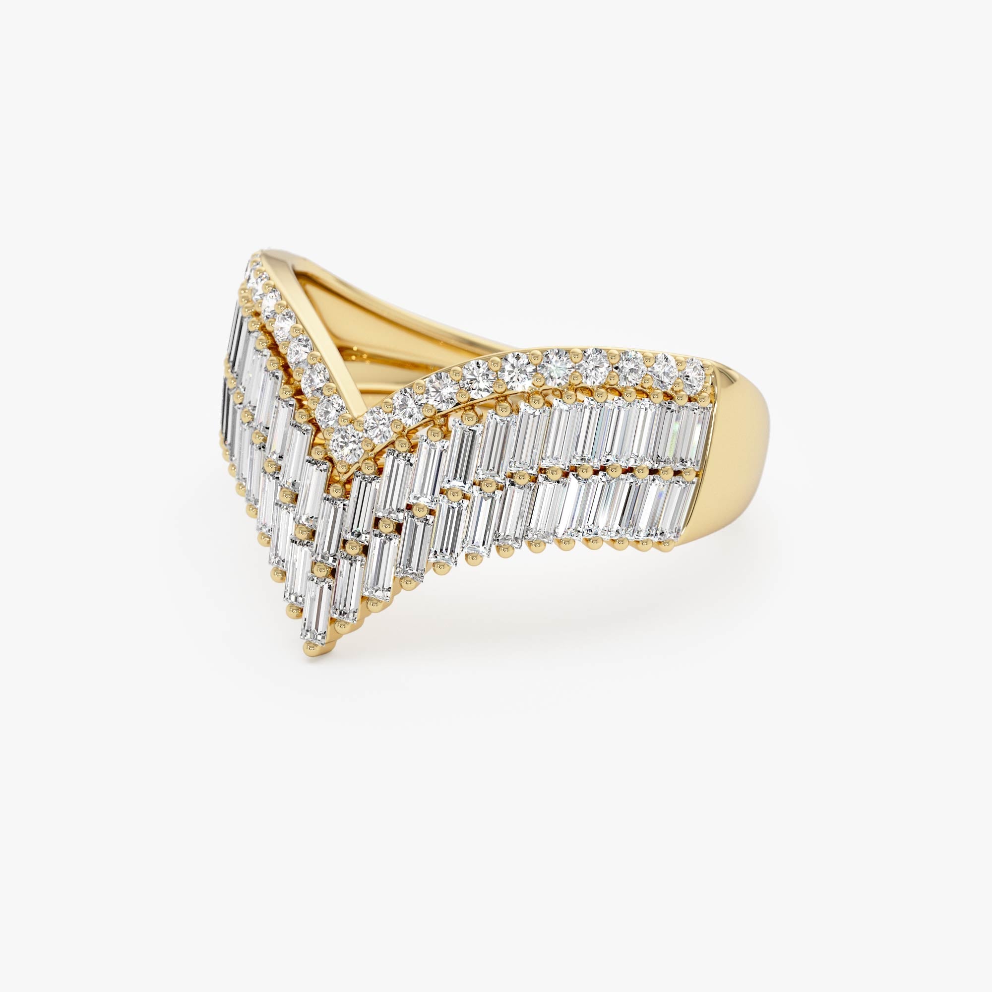 OBFJ0023 - Baguette and Round Diamond Chevron Statement Ring - 14k Gold 7
