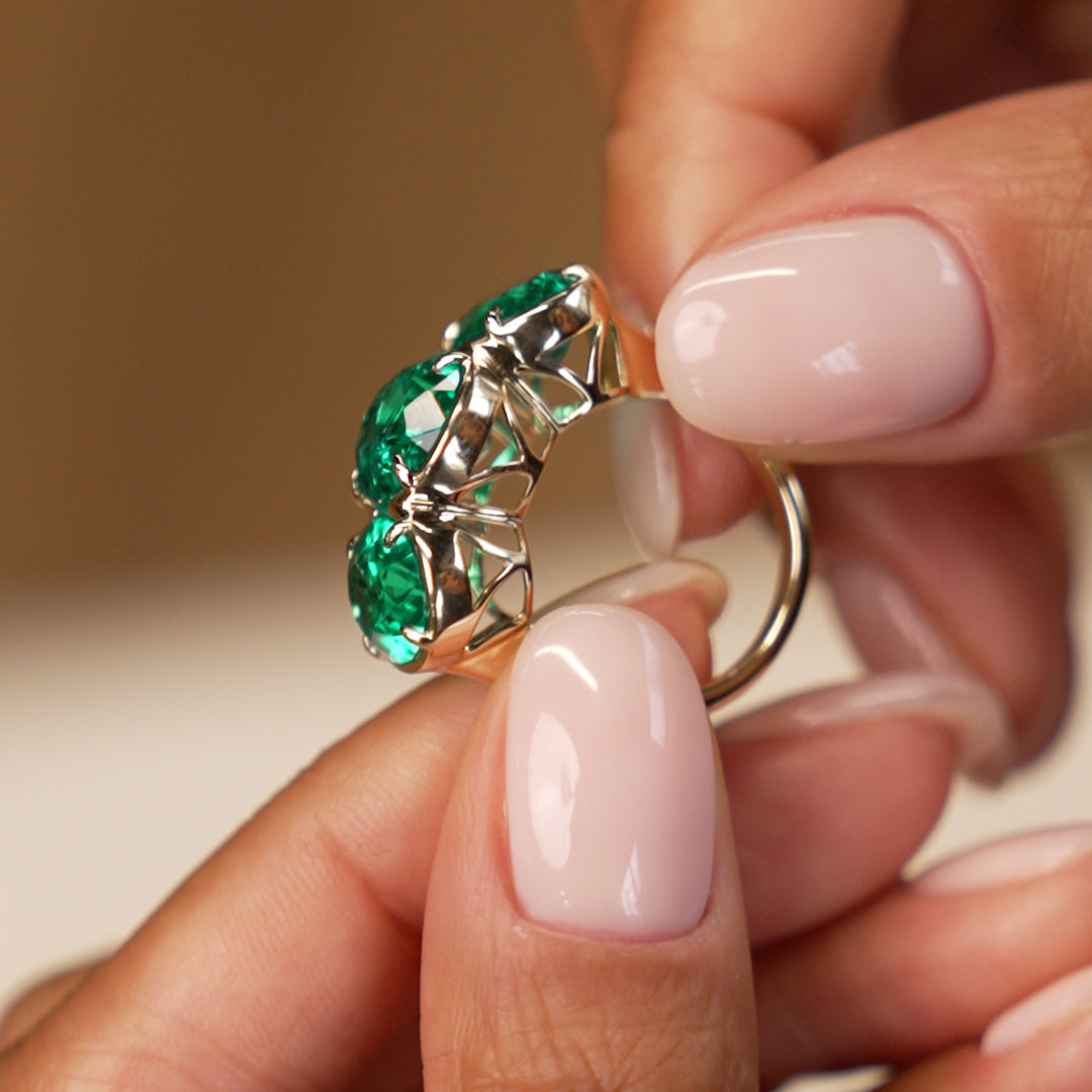 OBFJ0363 - 9.15 Ctw 14k Lab Grown Colombian Emerald Three Stone Ring - Thea 5
