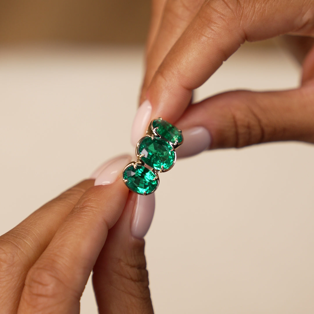 OBFJ0363 - 9.15 Ctw 14k Lab Grown Colombian Emerald Three Stone Ring - Thea 4