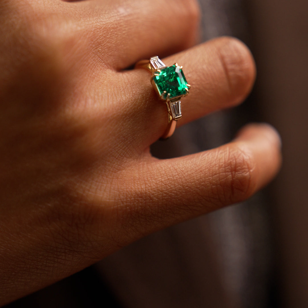 OBFJ0372 - 2.35 Ctw 14k  Asscher Cut Lab Grown Colombian Emerald and Baguette Diamond Ring - Lena 2