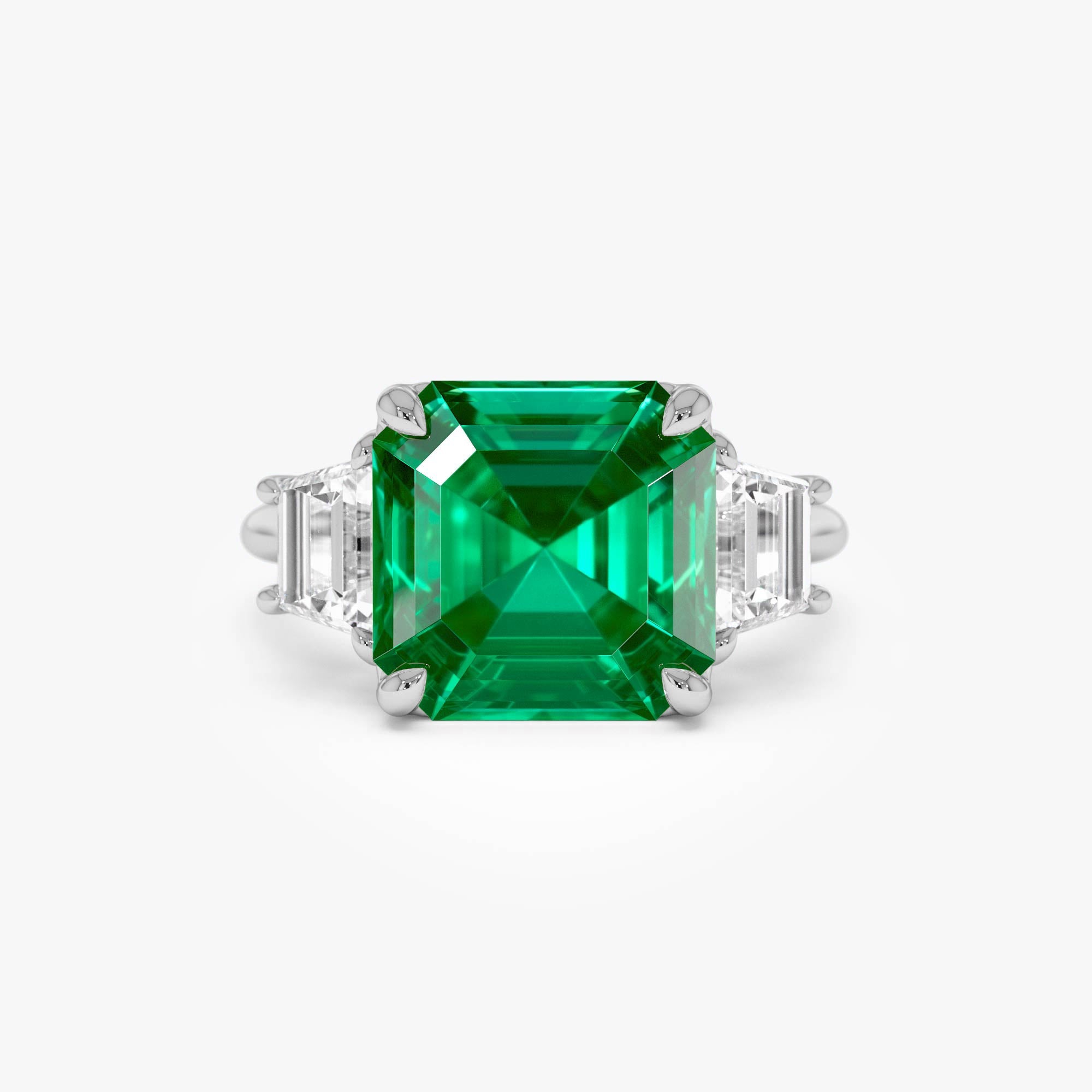 OBFJ0375 - 6.00 Ctw Lab Grown Colombian Emerald and Trapezoid Diamond Three Stone Engagement Ring - Demi 9