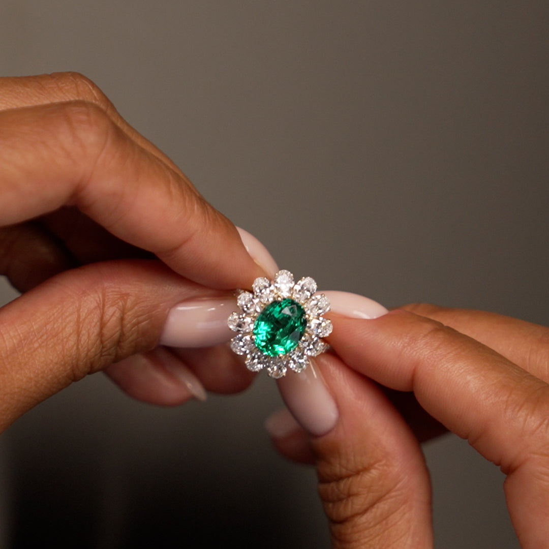 OBFJ0370 - 5.30 Ctw 14k Lab Grown Colombian Emerald and Oval Diamond Halo Statement Ring - Nysa 2