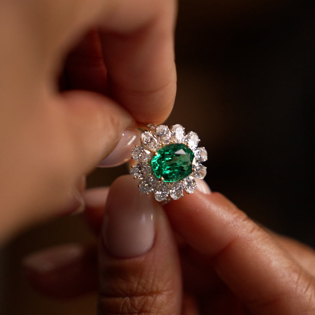 OBFJ0370 - 5.30 Ctw 14k Lab Grown Colombian Emerald and Oval Diamond Halo Statement Ring - Nysa 5