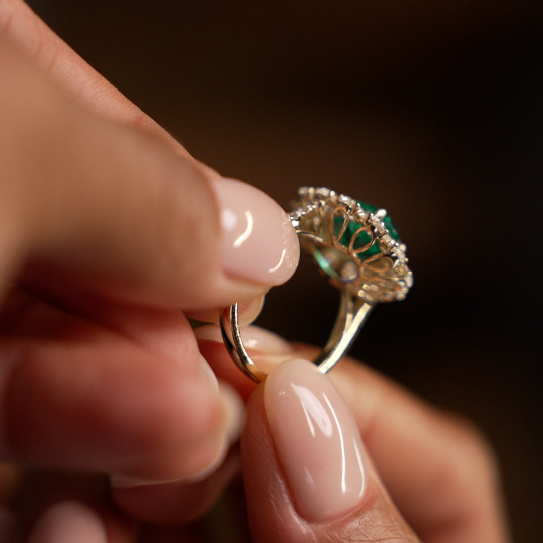 OBFJ0370 - 5.30 Ctw 14k Lab Grown Colombian Emerald and Oval Diamond Halo Statement Ring - Nysa 6