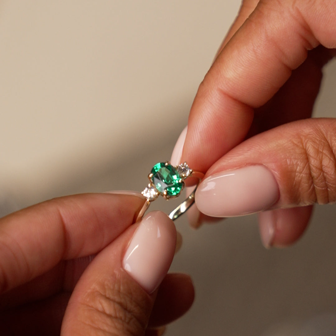 OBFJ0378 - 1.20 Ctw 14k Lab Grown Colombian Emerald and Diamond Three Stone Ring - Lyra 3