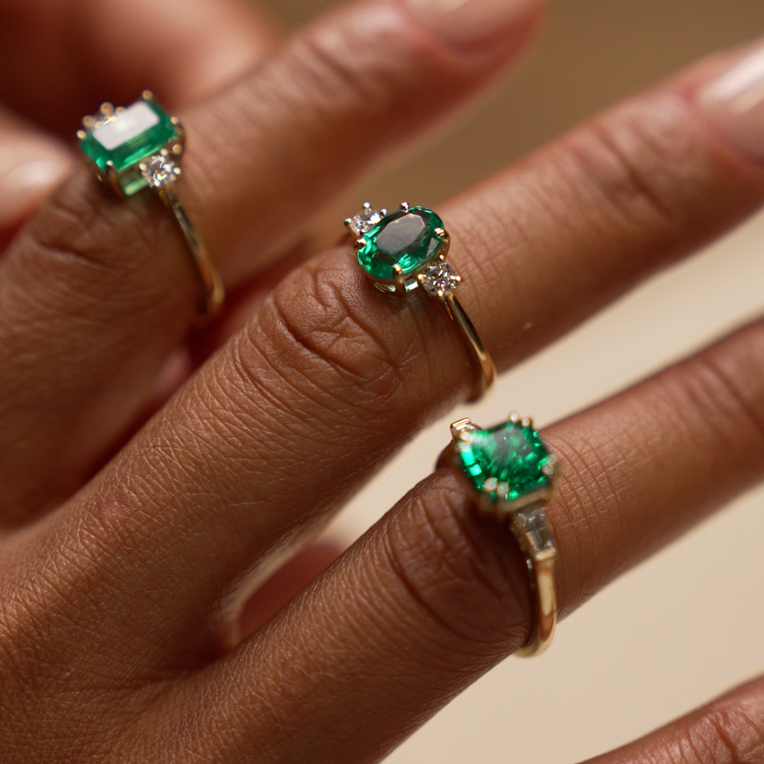 OBFJ0378 - 1.20 Ctw 14k Lab Grown Colombian Emerald and Diamond Three Stone Ring - Lyra 5