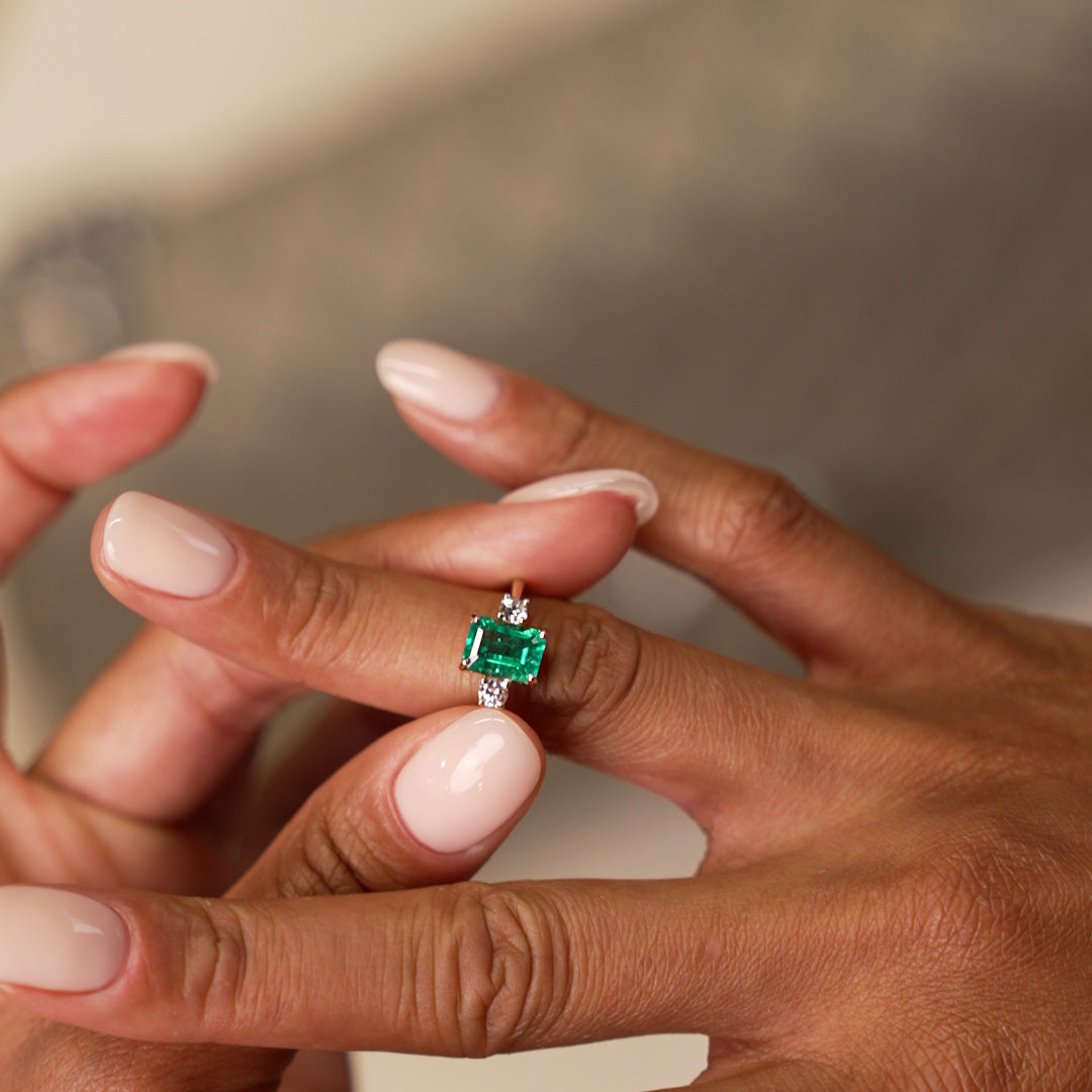 OBFJ0379 - 1.50 Ctw Lab Grown Colombian Emerald and Diamond Three Stone Ring - Thia 2