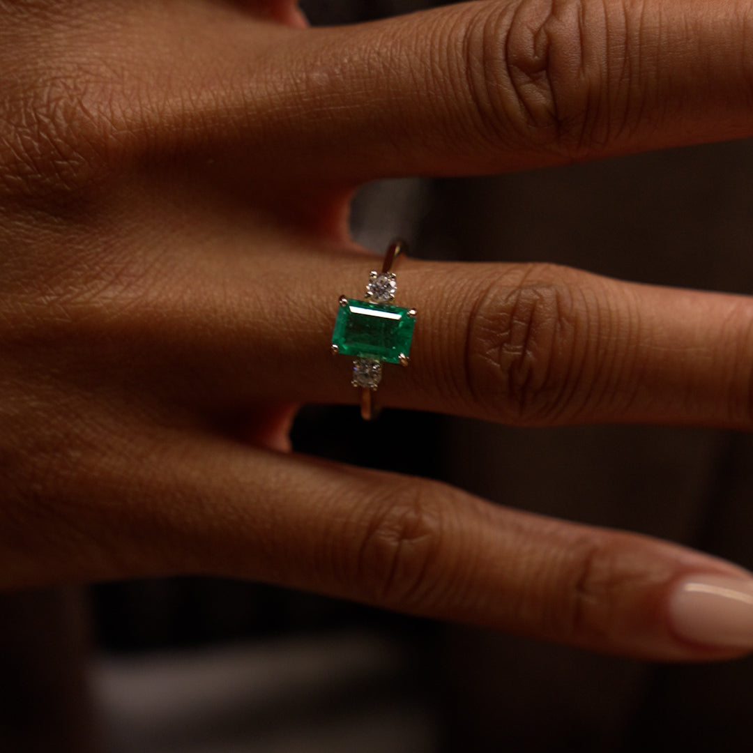 OBFJ0379 - 1.50 Ctw Lab Grown Colombian Emerald and Diamond Three Stone Ring - Thia 4
