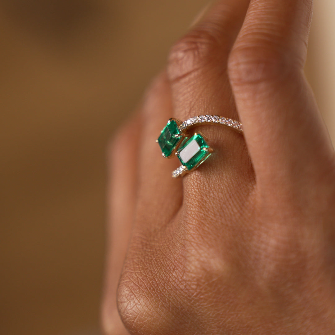 OBFJ0032 - 1.15 Ctw Lab Grown Emerald and Diamond Bypass Statement Ring - Danae - 14K Gold 5