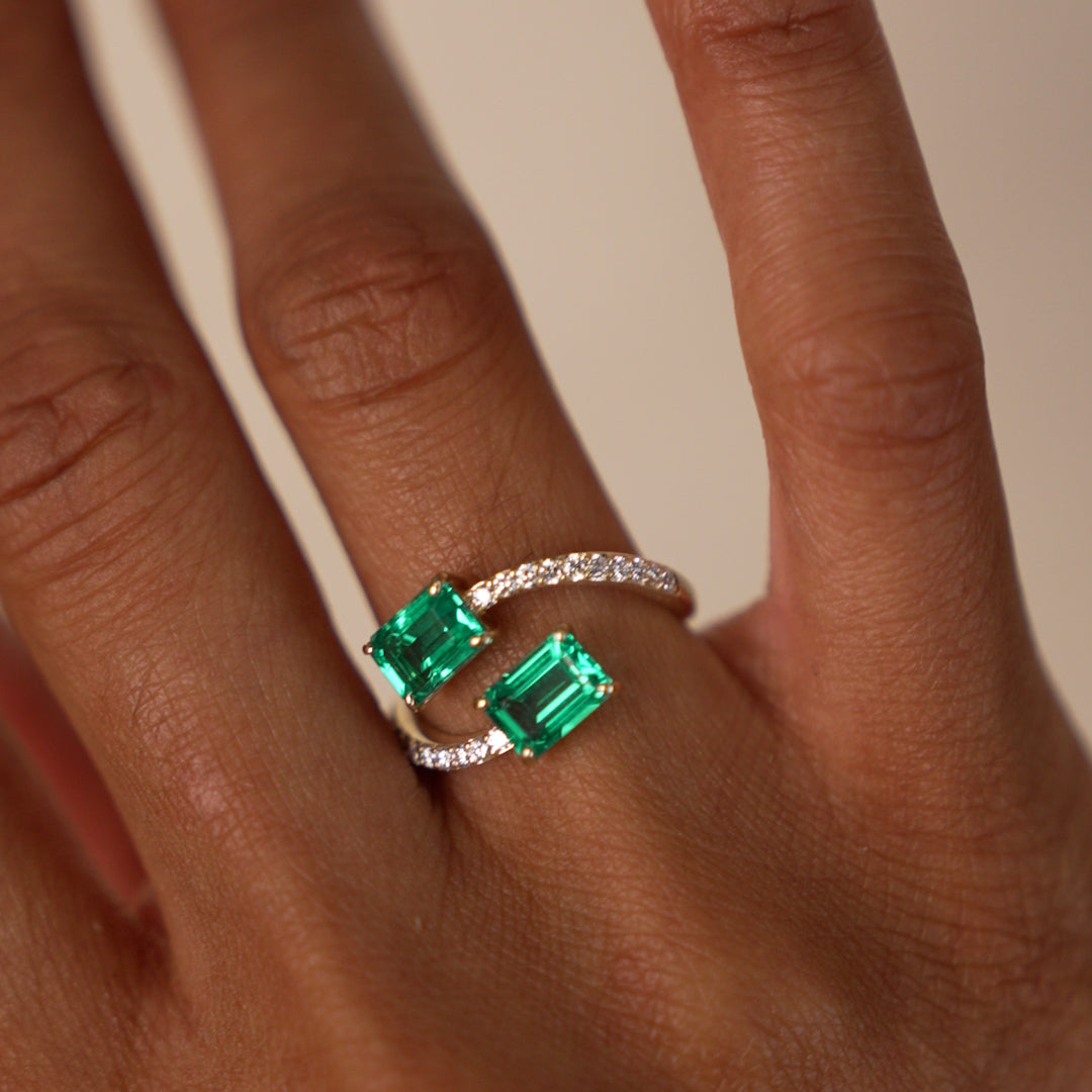 OBFJ0373 - 1.15 Ctw 14k Lab Grown Emerald and Diamond Bypass Statement Ring - Danae 2