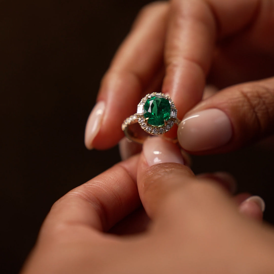 OBFJ0381 - 4.20 Ctw 14k Oval Shape Lab Grown Colombian Emerald and Diamond Halo Engagement Ring - Alma 4