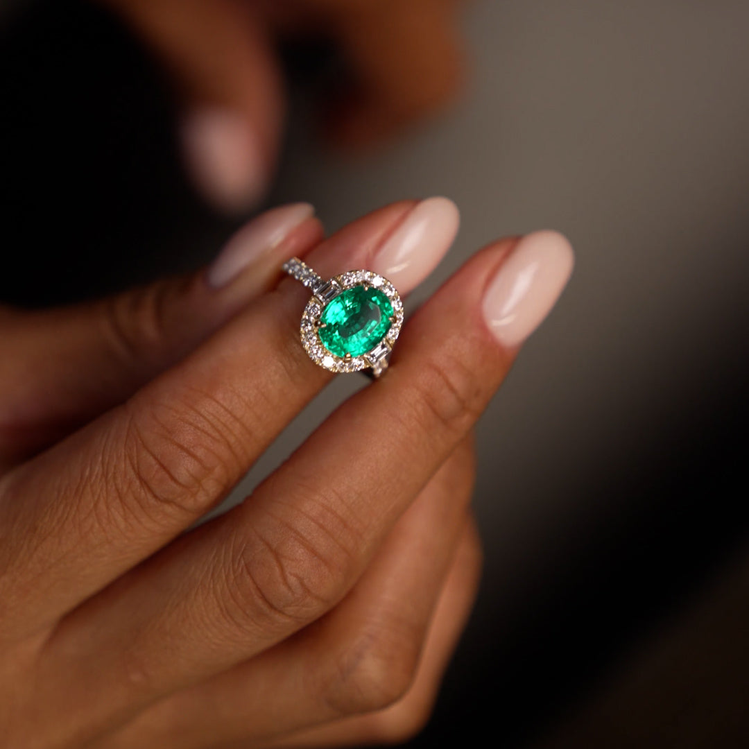 OBFJ0381 - 4.20 Ctw 14k Oval Shape Lab Grown Colombian Emerald and Diamond Halo Engagement Ring - Alma 2