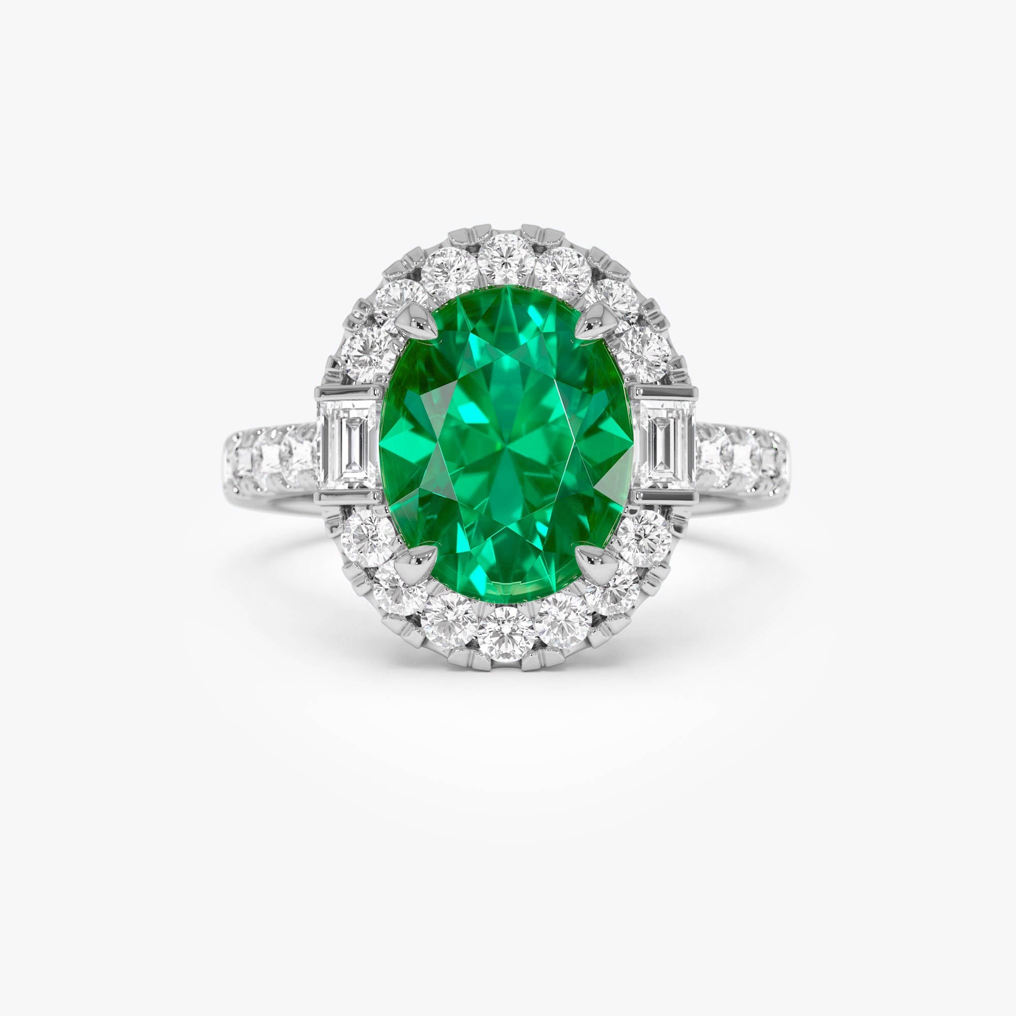 OBFJ0381 - 4.20 Ctw 14k Oval Shape Lab Grown Colombian Emerald and Diamond Halo Engagement Ring - Alma 7