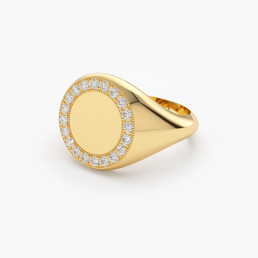 OBFJ1697 - 14K Gold Diamond Round Signet Ring 2