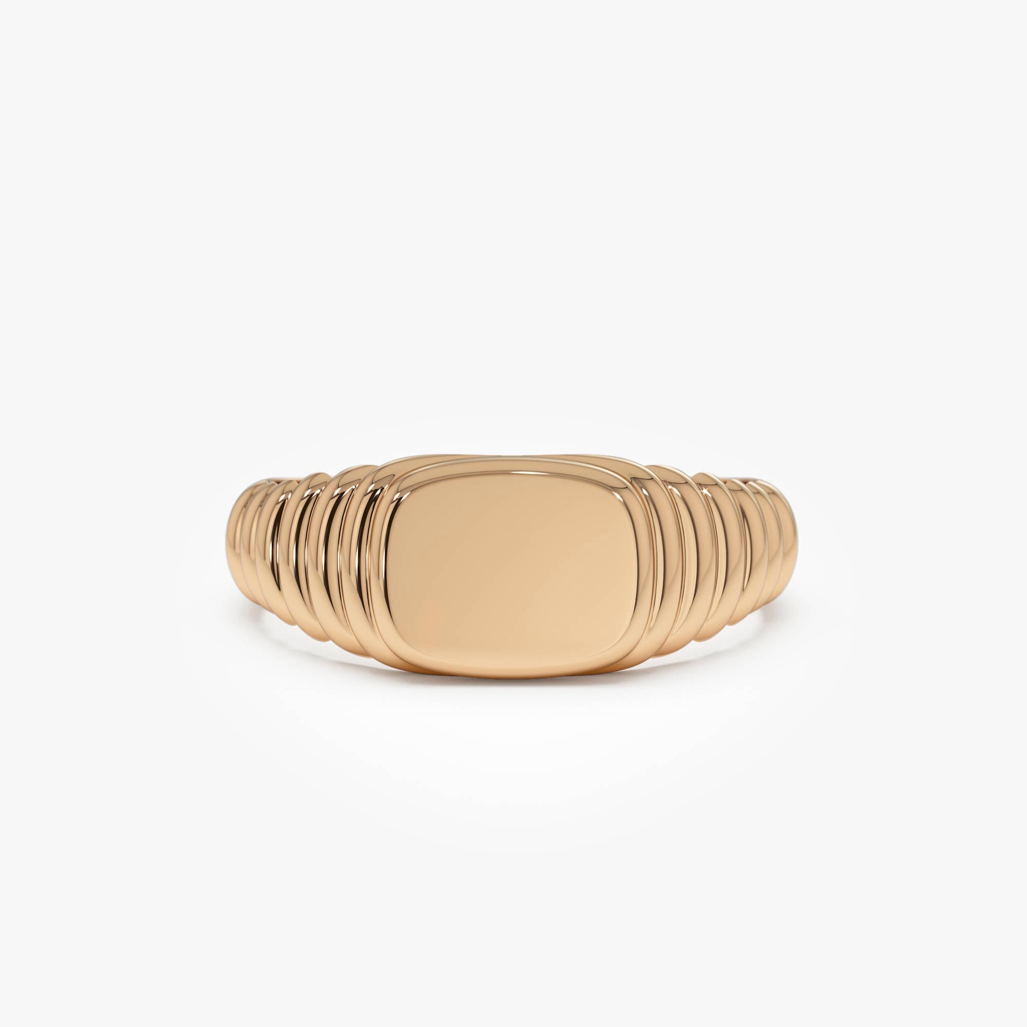 OBFJ0429 - 14k Gold Ribbed Cushion Signet Ring 7