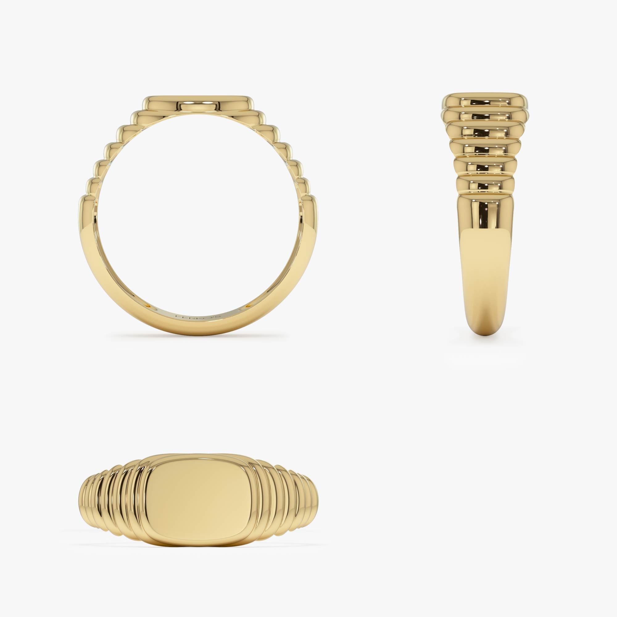 OBFJ0429 - 14k Gold Ribbed Cushion Signet Ring 10